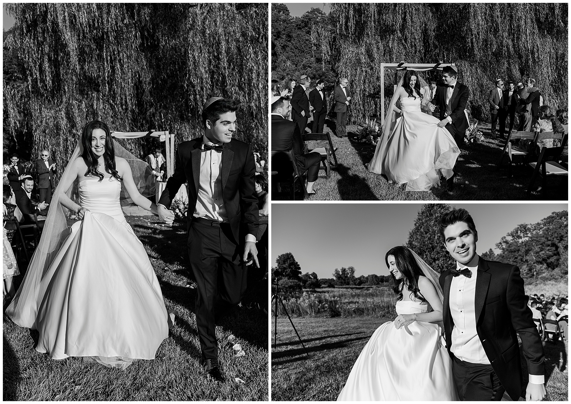 Three black-and-white photos show a bride and groom in formal attire smiling and walking outdoors during their backyard micro-wedding ceremony, surrounded by guests seated on either side of a grassy aisle.