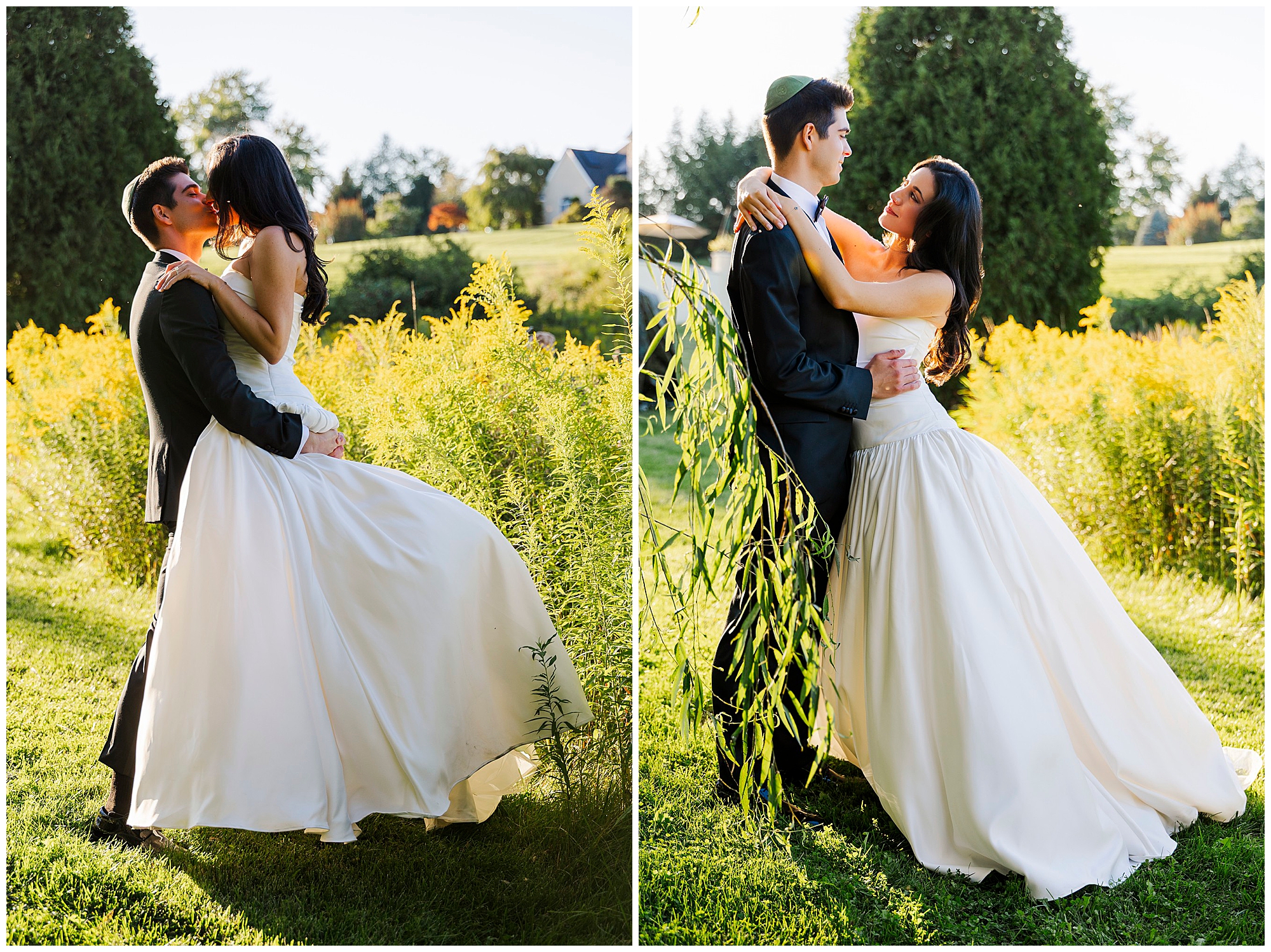A bride and groom embrace outdoors in a sunlit field, surrounded by greenery during their backyard micro-wedding. The bride wears a white gown and the groom a dark suit. Both appear joyful and affectionate in each photo.
