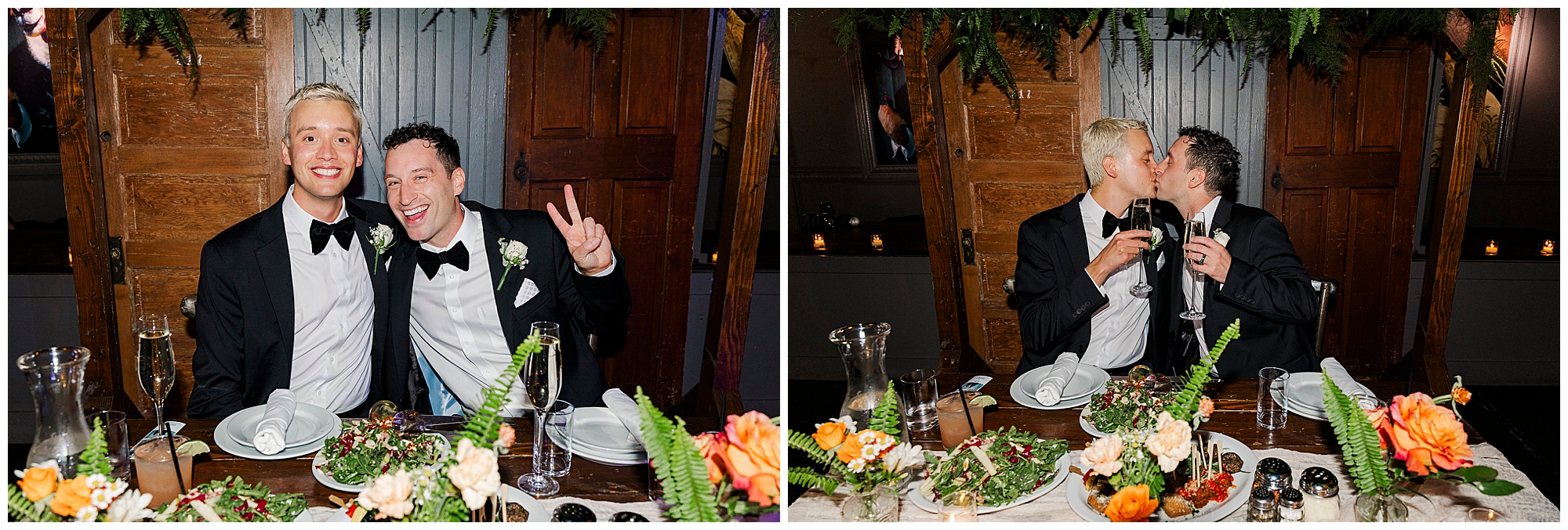 Two men in tuxedos sit at a decorated table with salads during their Porta Asbury Park wedding, smiling in one photo and kissing while holding wine glasses in the other.