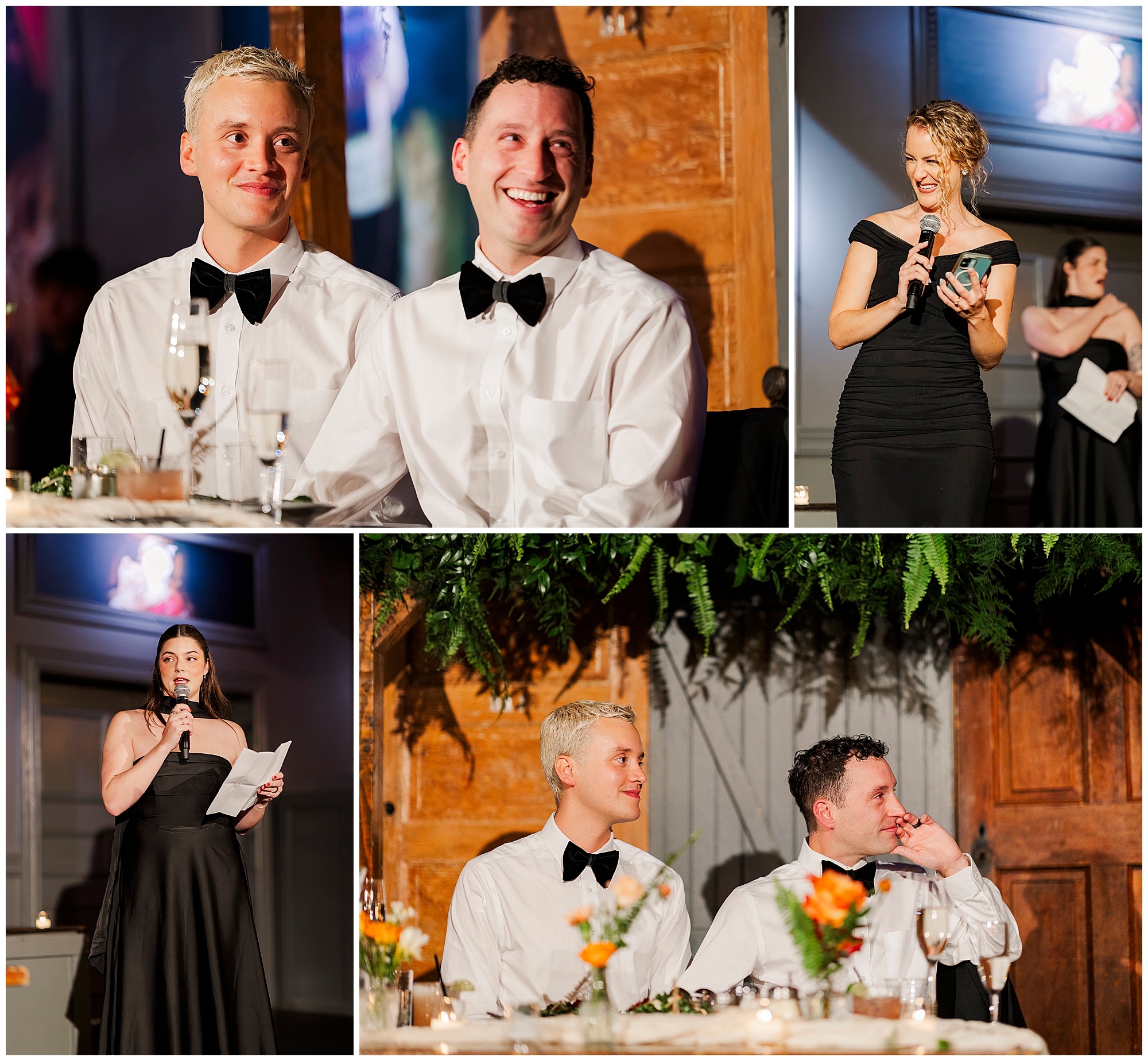 A collage of wedding reception moments at a stylish Porta Asbury Park wedding: two grooms in white shirts and black bow ties at their table, and two women in black dresses giving speeches with microphones.