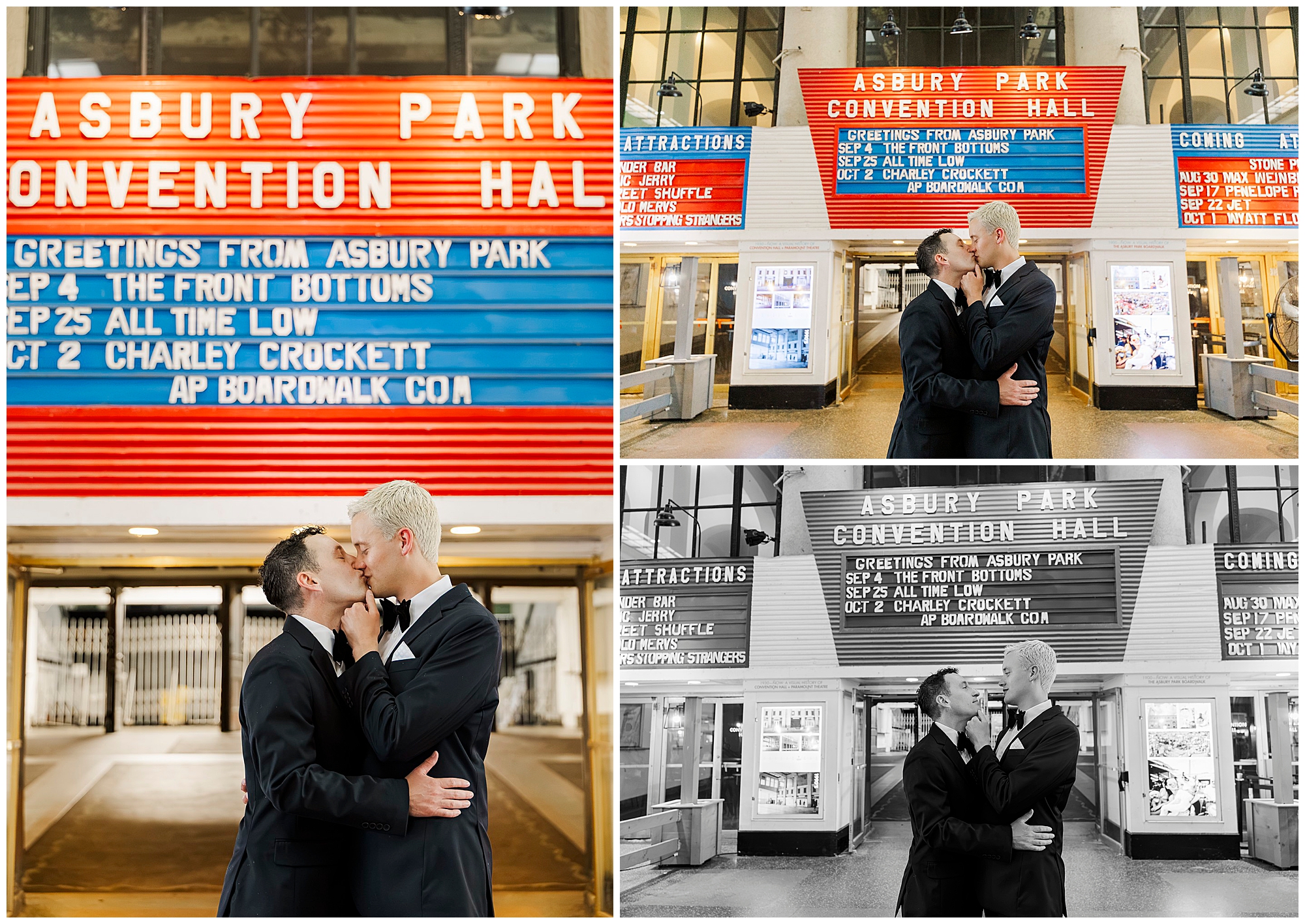 Four photos of two men in suits embracing and kissing in front of the Asbury Park Convention Hall, with colorful marquee signs above displaying event information—a perfect celebration for a Porta Asbury Park wedding.