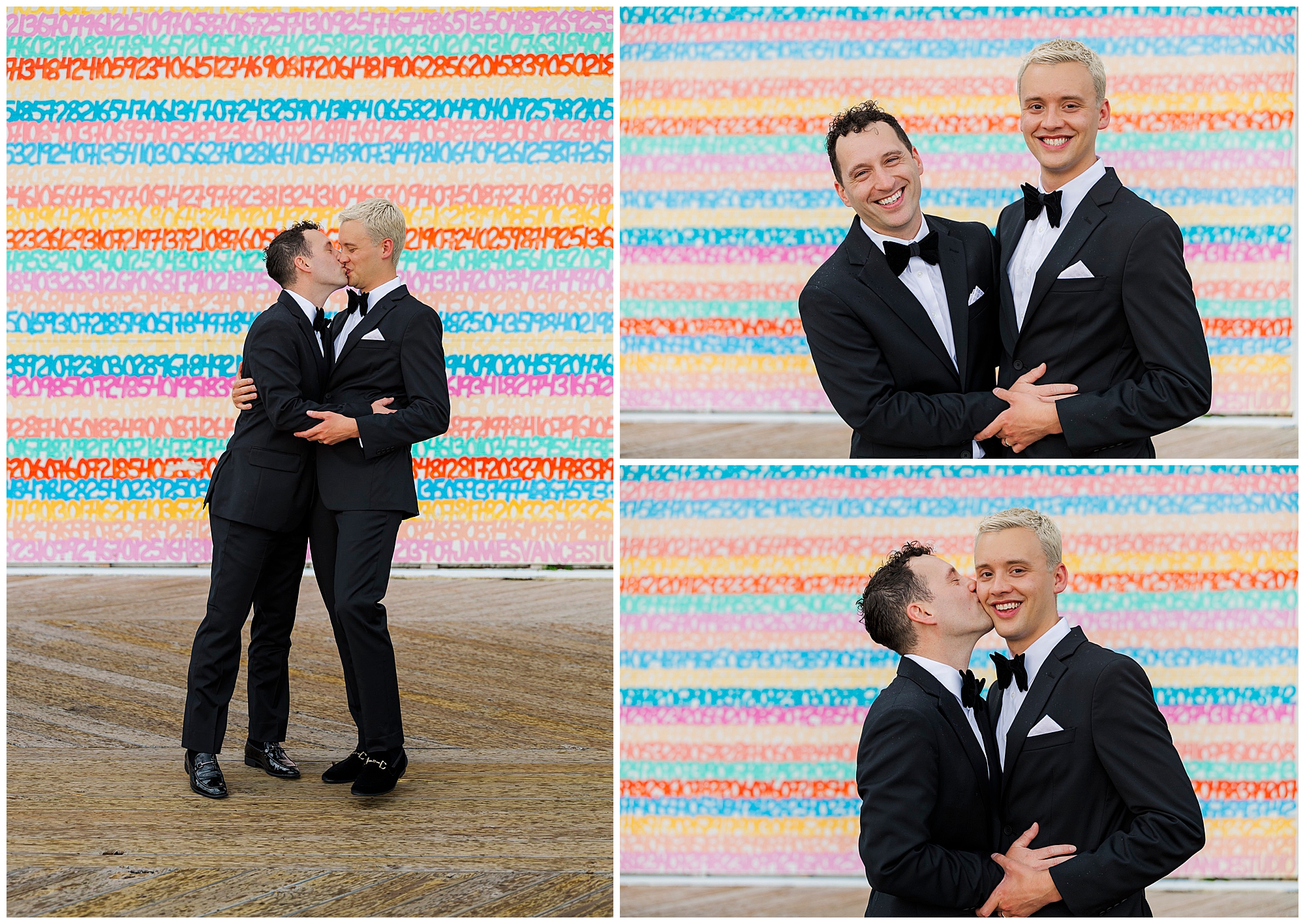Two men in tuxedos celebrate, hugging and kissing, in front of a colorful wall with repeated numbers at their Porta Asbury Park wedding. They smile and pose together in three different photos.