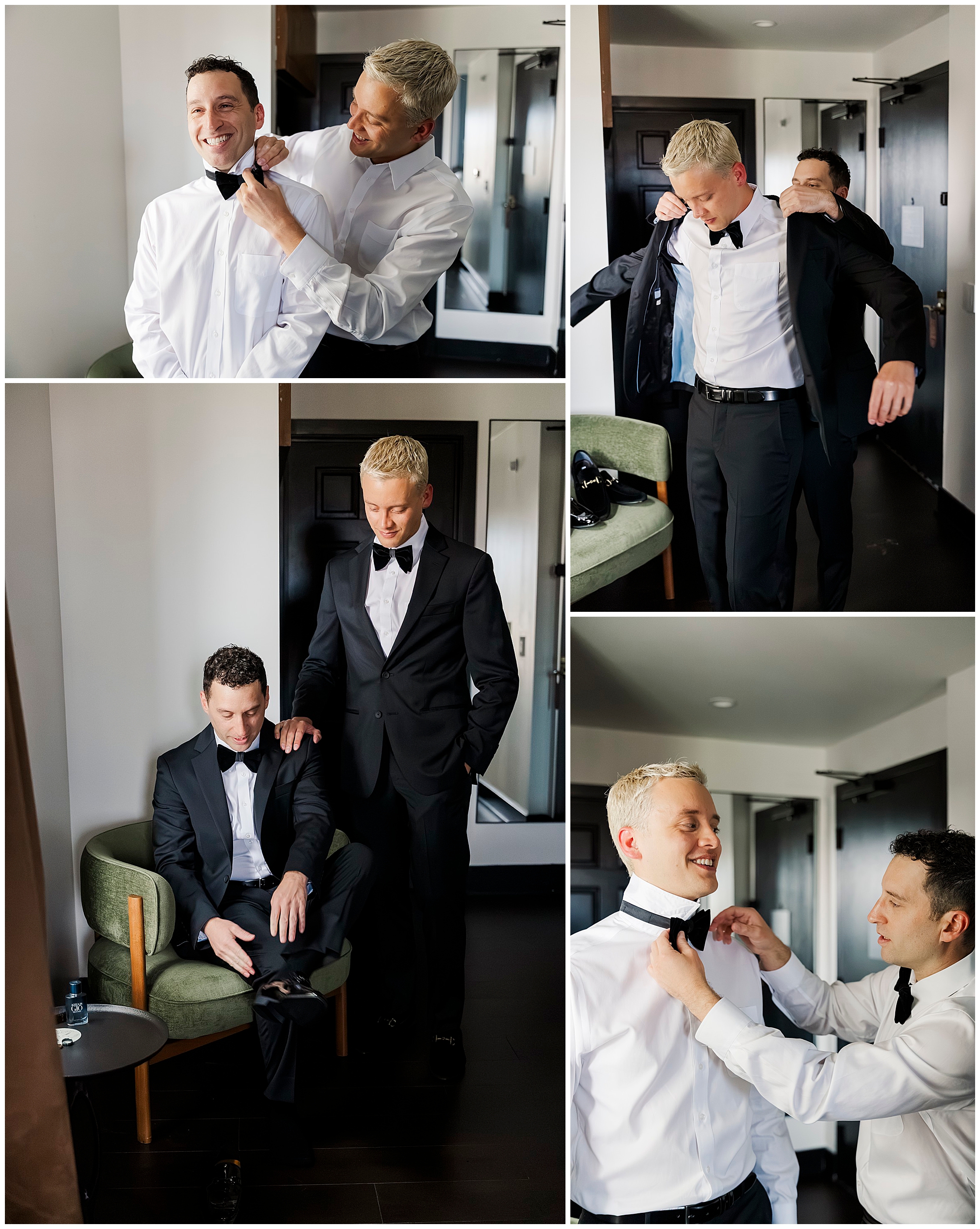 A collage of two men in a hotel room, helping each other get dressed in tuxedos and bow ties, preparing for a formal event—perhaps a special celebration like a Porta Asbury Park wedding—smiling and enjoying the moment together.