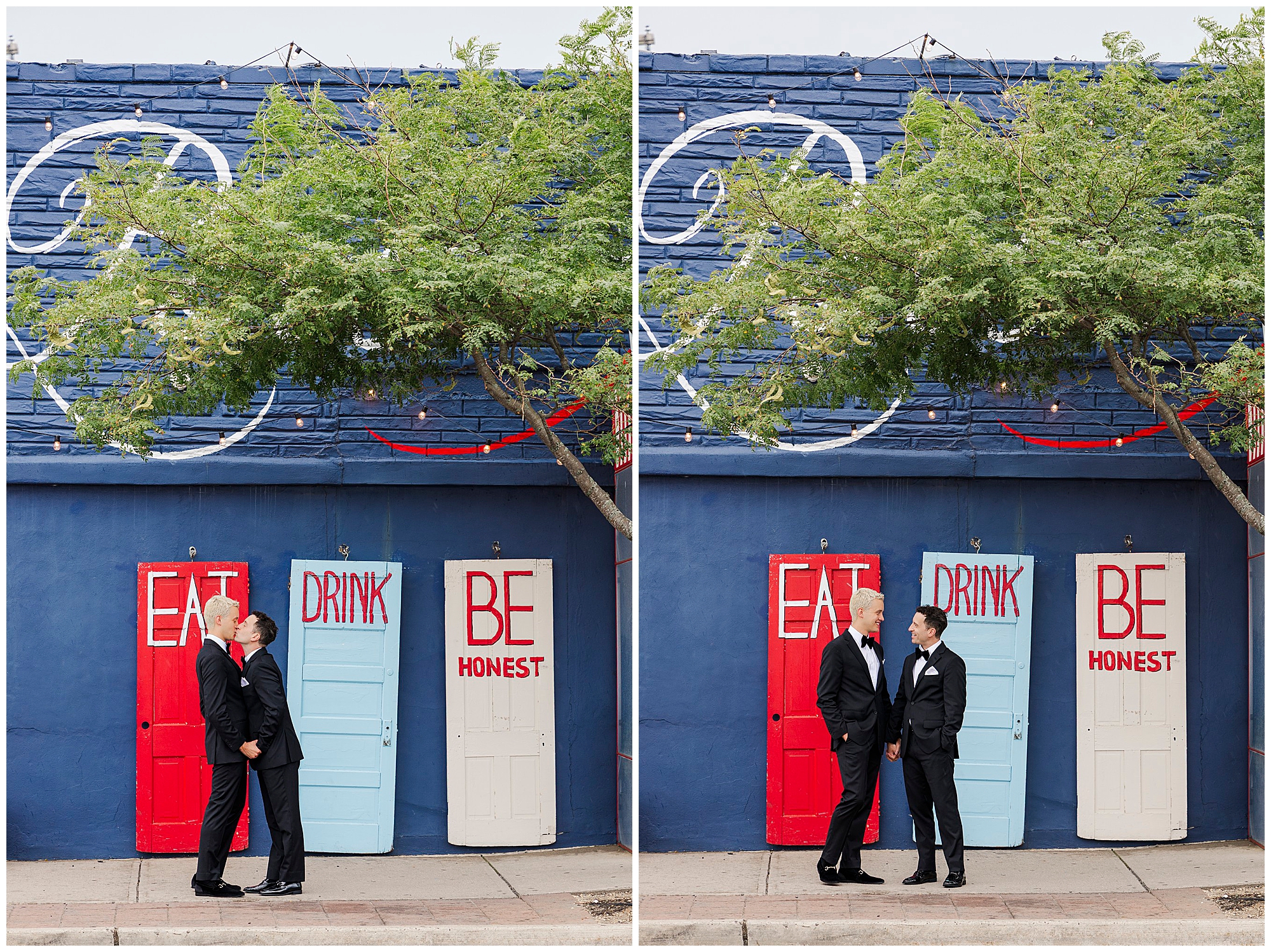 Two men in suits stand in front of colorful doors labeled EAT, DRINK, and BE HONEST under a tree at their Porta Asbury Park wedding, smiling and holding hands in one photo, standing apart and smiling in the other.