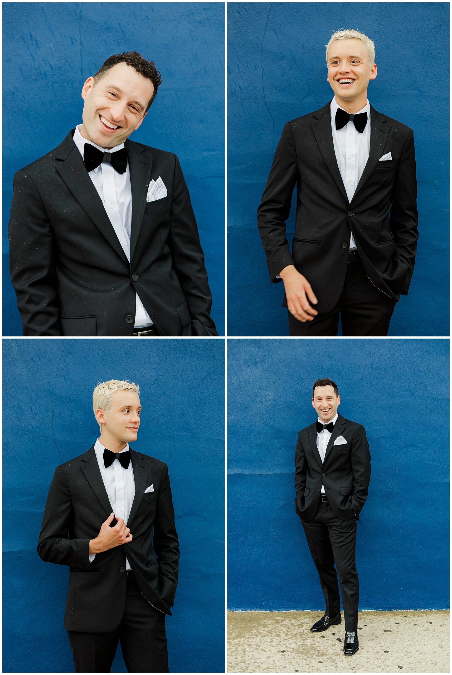 Four photos of two people in black tuxedos and bow ties posing and smiling in front of a bright blue wall, capturing the stylish vibe of a Porta Asbury Park wedding. Each person appears individually and confidently in different poses.