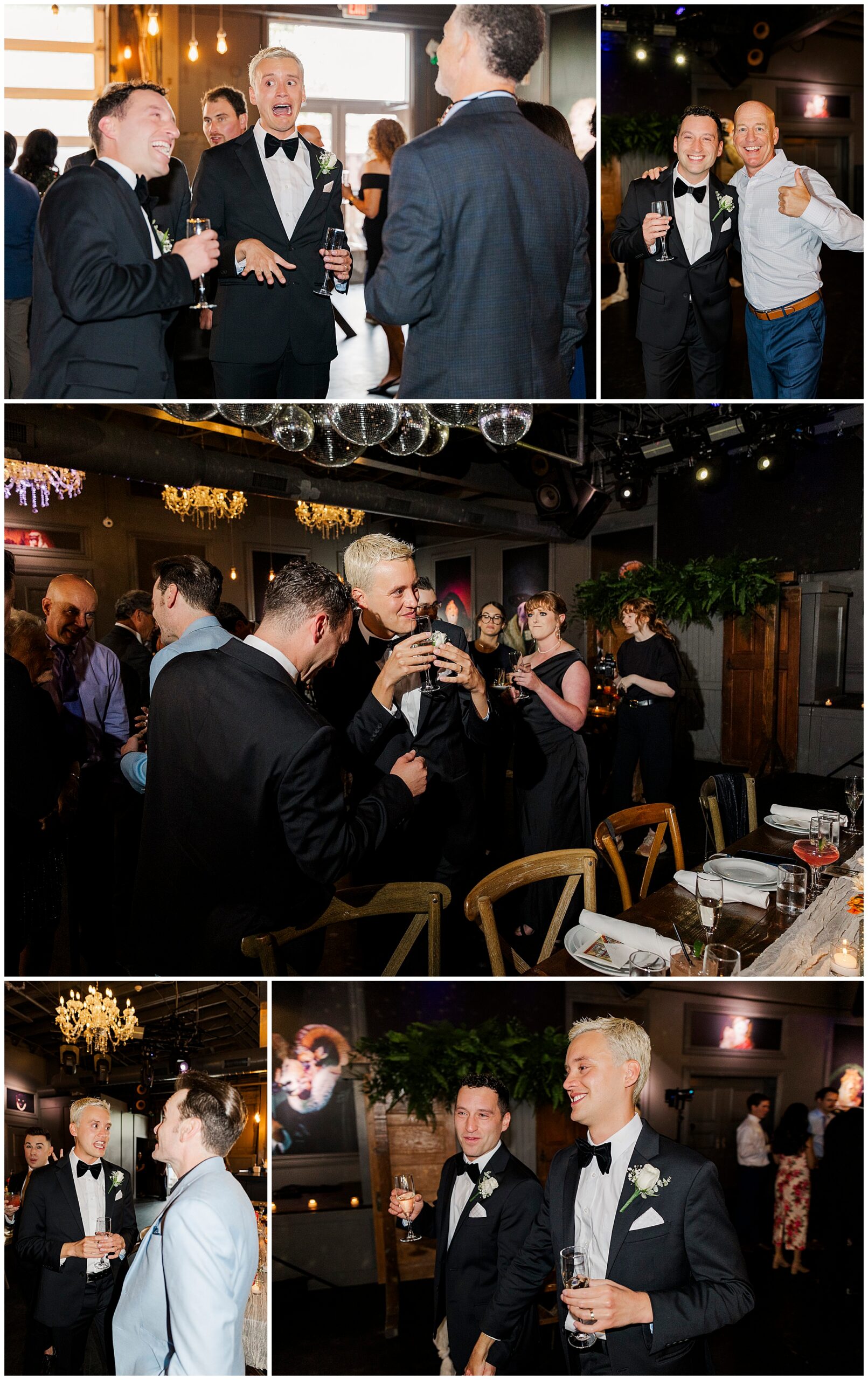 Five photos of people at a formal indoor event—possibly inspired by the elegance of a Porta Asbury Park wedding—feature men in tuxedos and guests in formal attire socializing, smiling, holding drinks, and mingling in a warmly lit, beautifully decorated venue.