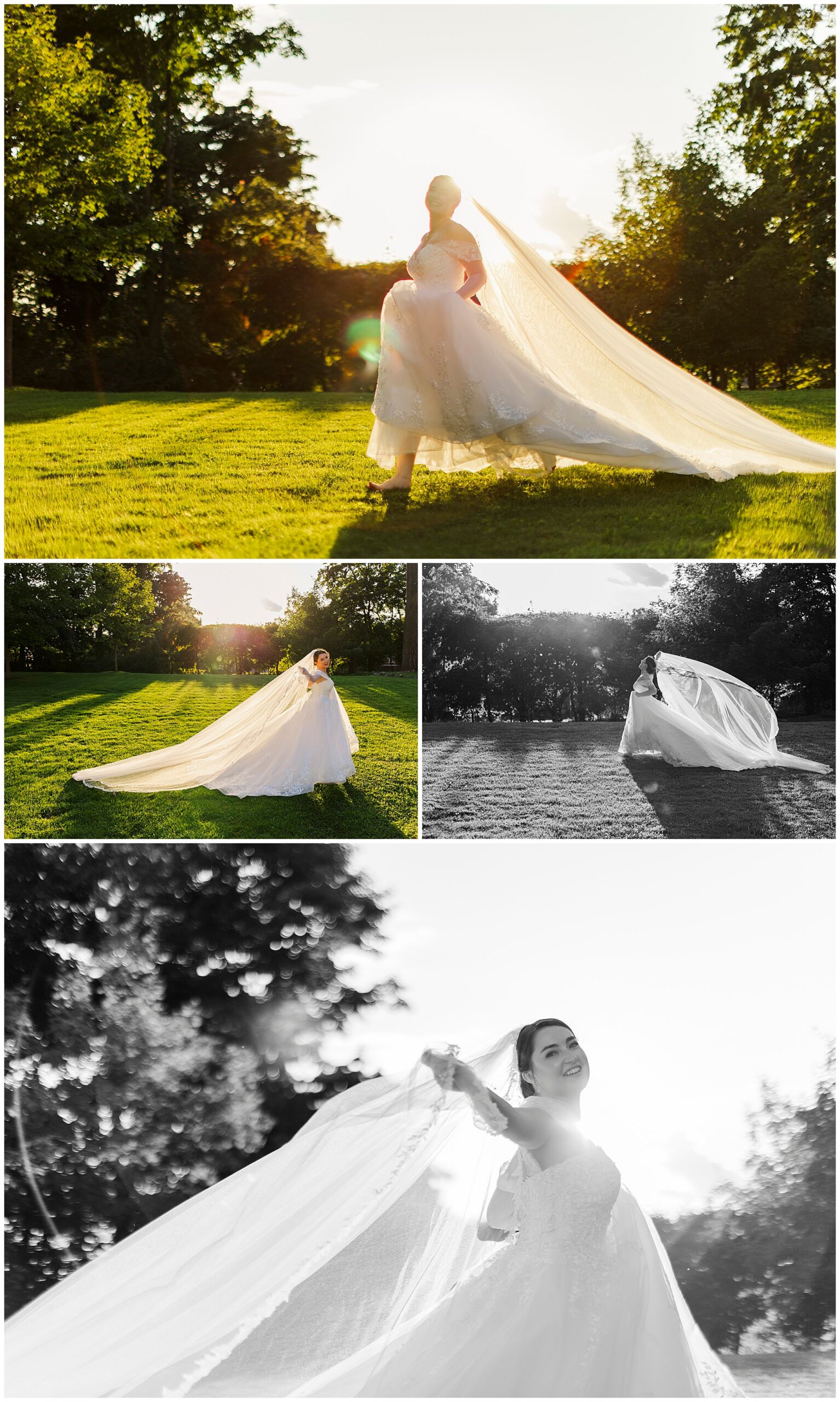 Bride poses in the gardens at sunset with her long veil trailing behind her, in color and in black and white.
