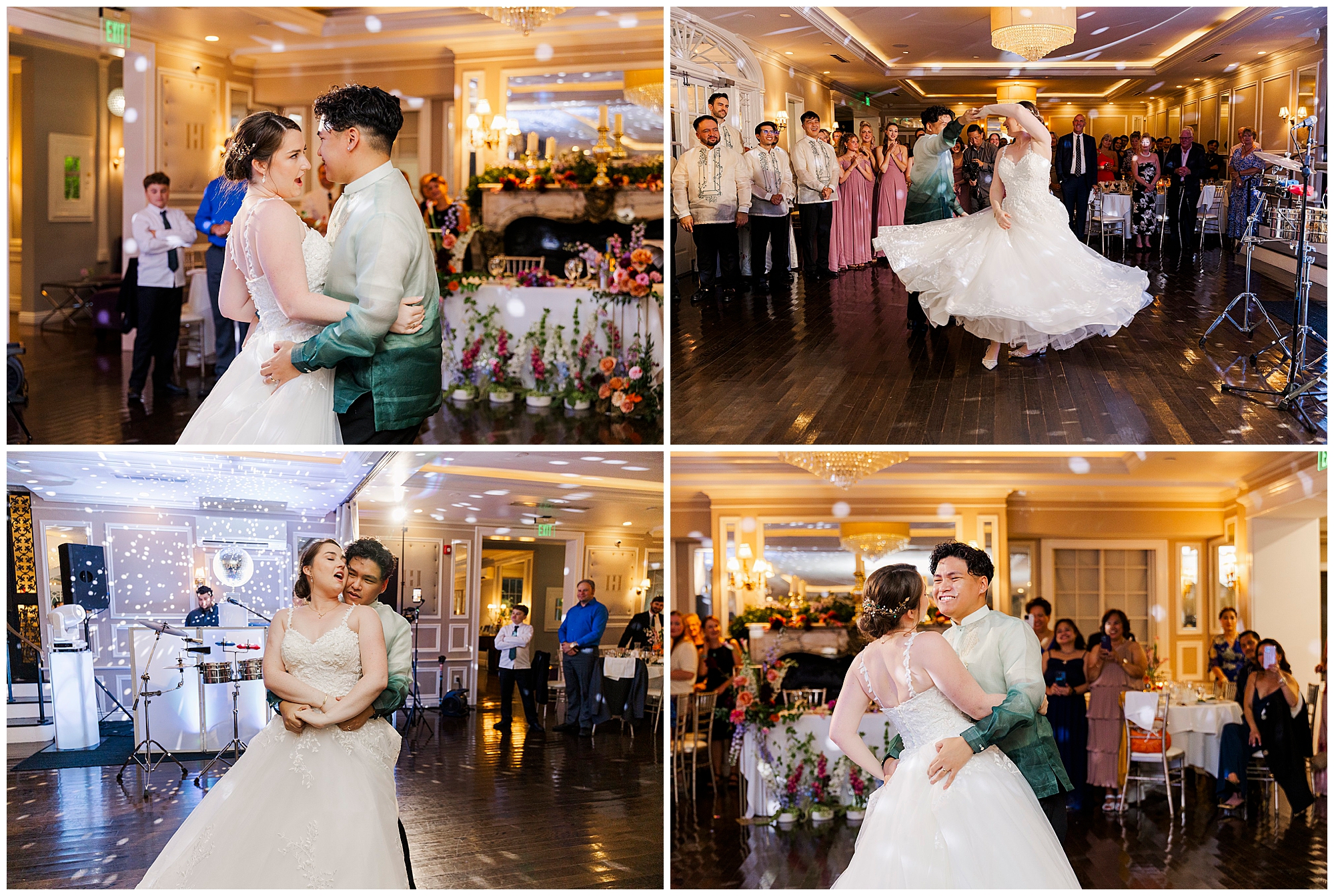 Guests watch and smile as the bride and groom twirl and embrace during their first dance in the Briarcliff Manor ballroom.