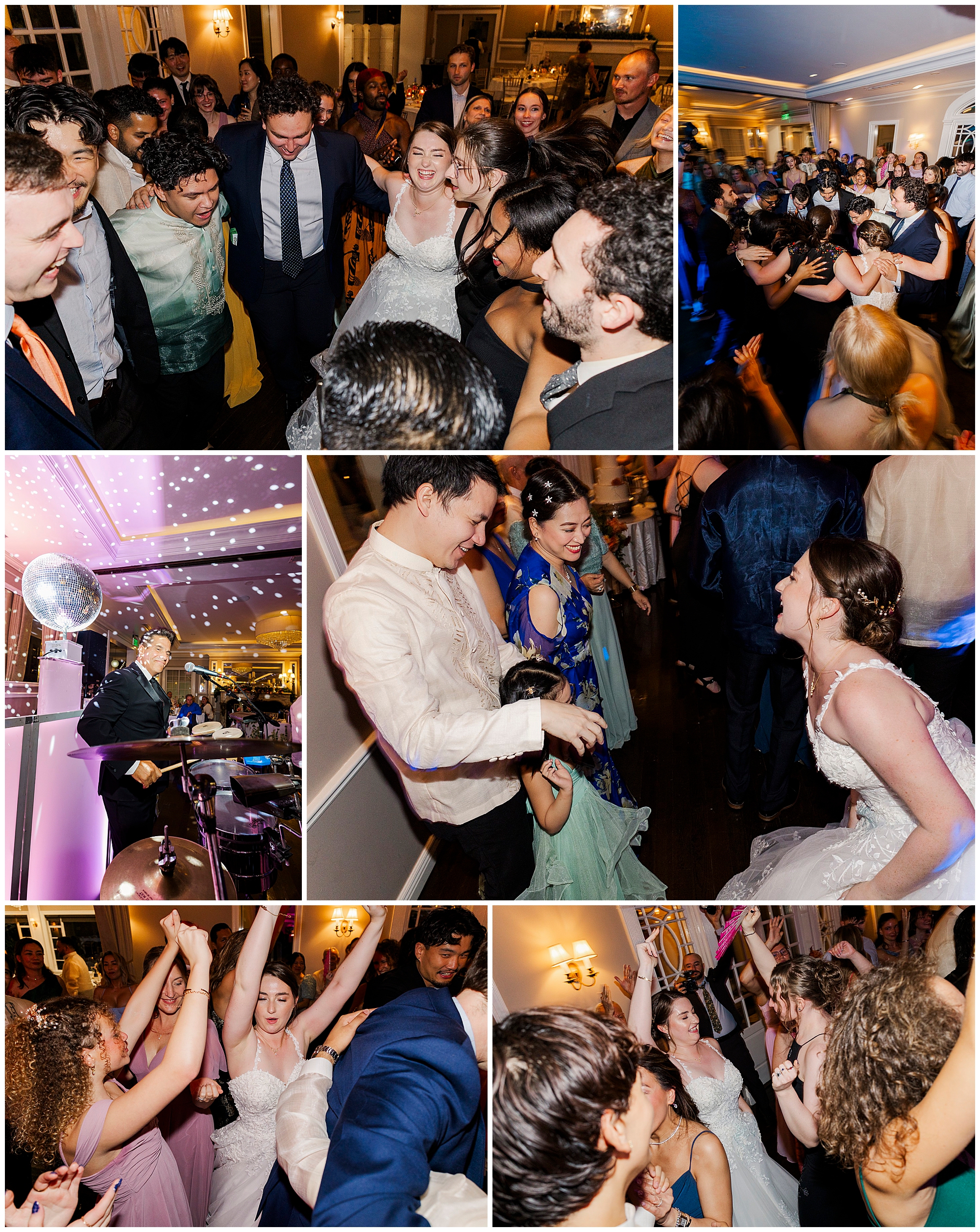 Collage of reception dancing, with the bride in white and the groom in his barong laughing among friends and family.