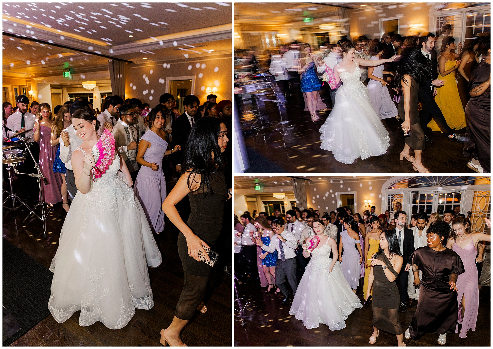 Three photos of the bride in a white gown and pink lei dancing with guests on a crowded dance floor under twinkling lights.