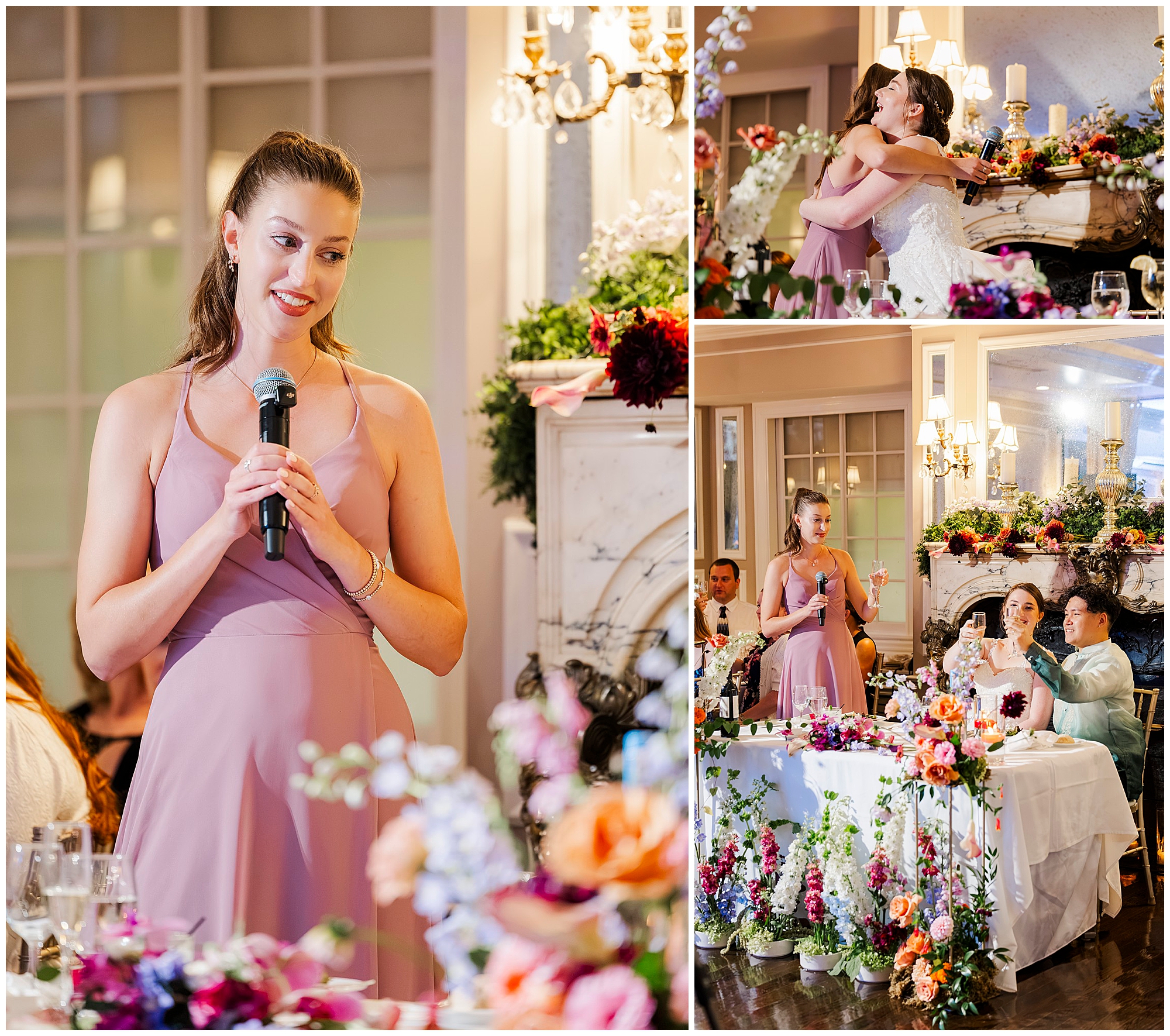 Woman in a mauve dress gives a speech, then hugs the bride, with guests seated at a long table dressed in colorful flowers.