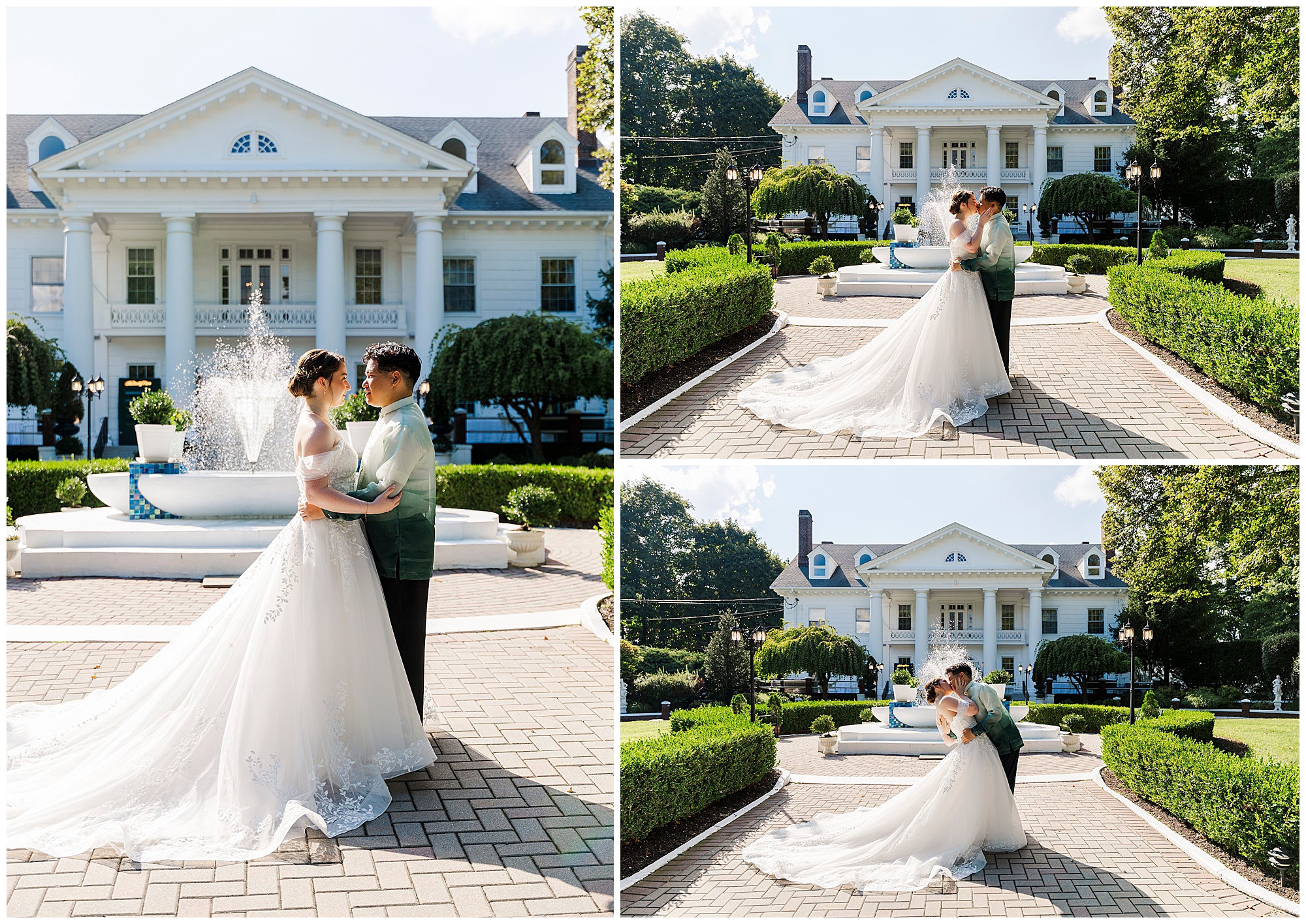 Bride and groom pose and dance in front of the large white mansion and fountain on a sunny day.