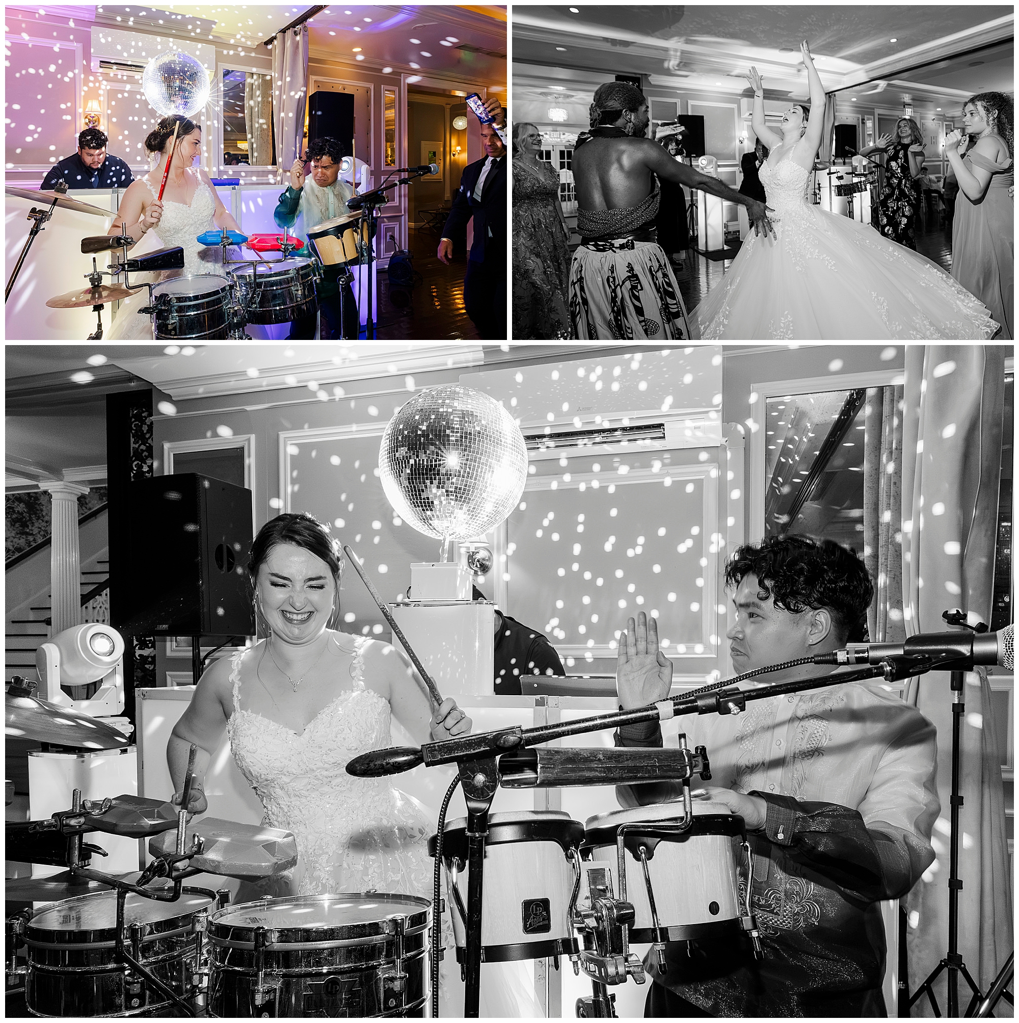 Bride and guests dance and play drums while a disco ball scatters light across the reception room.