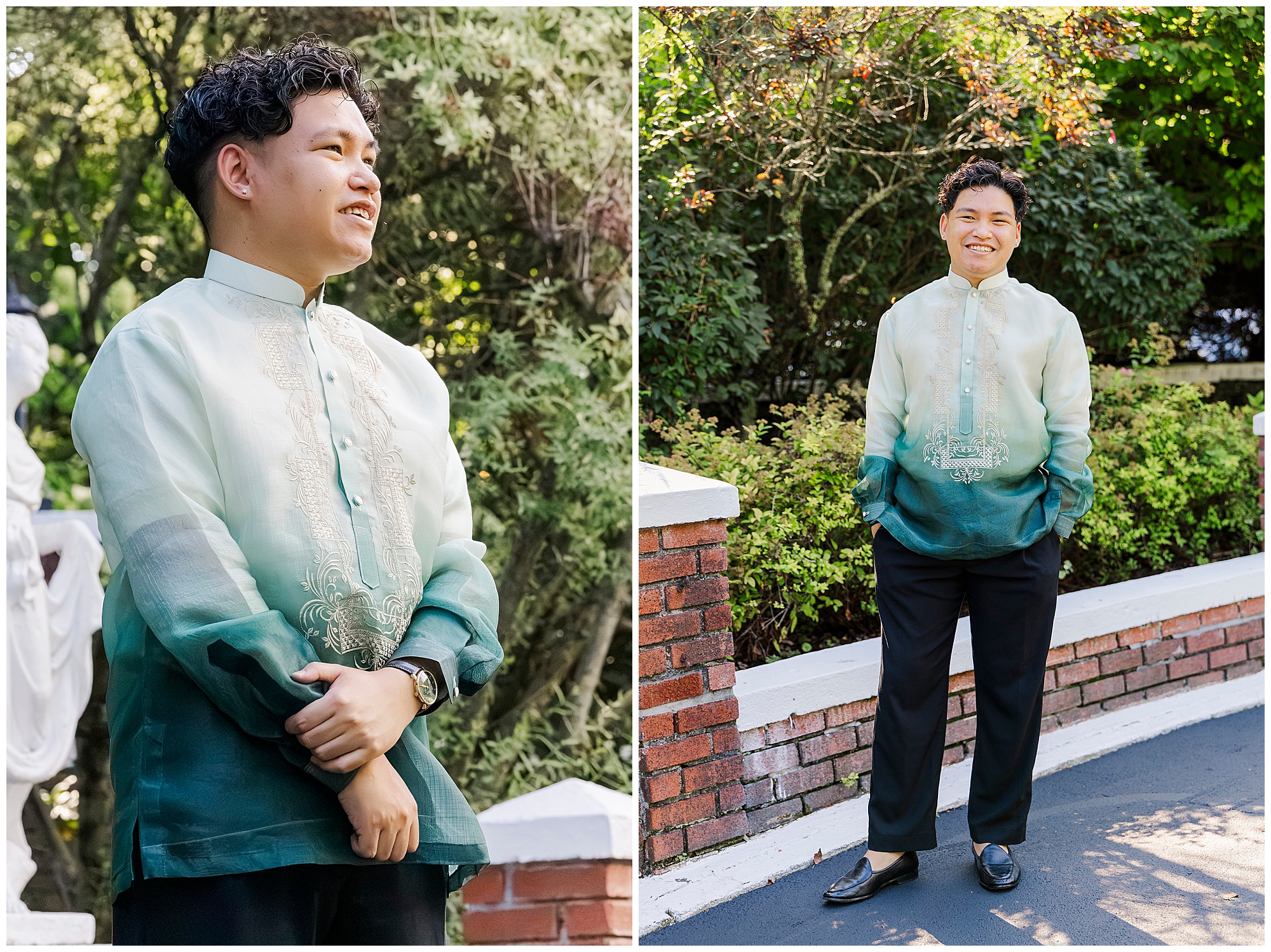 Smiling groom in a green and white embroidered barong stands by a brick fence surrounded by trees.