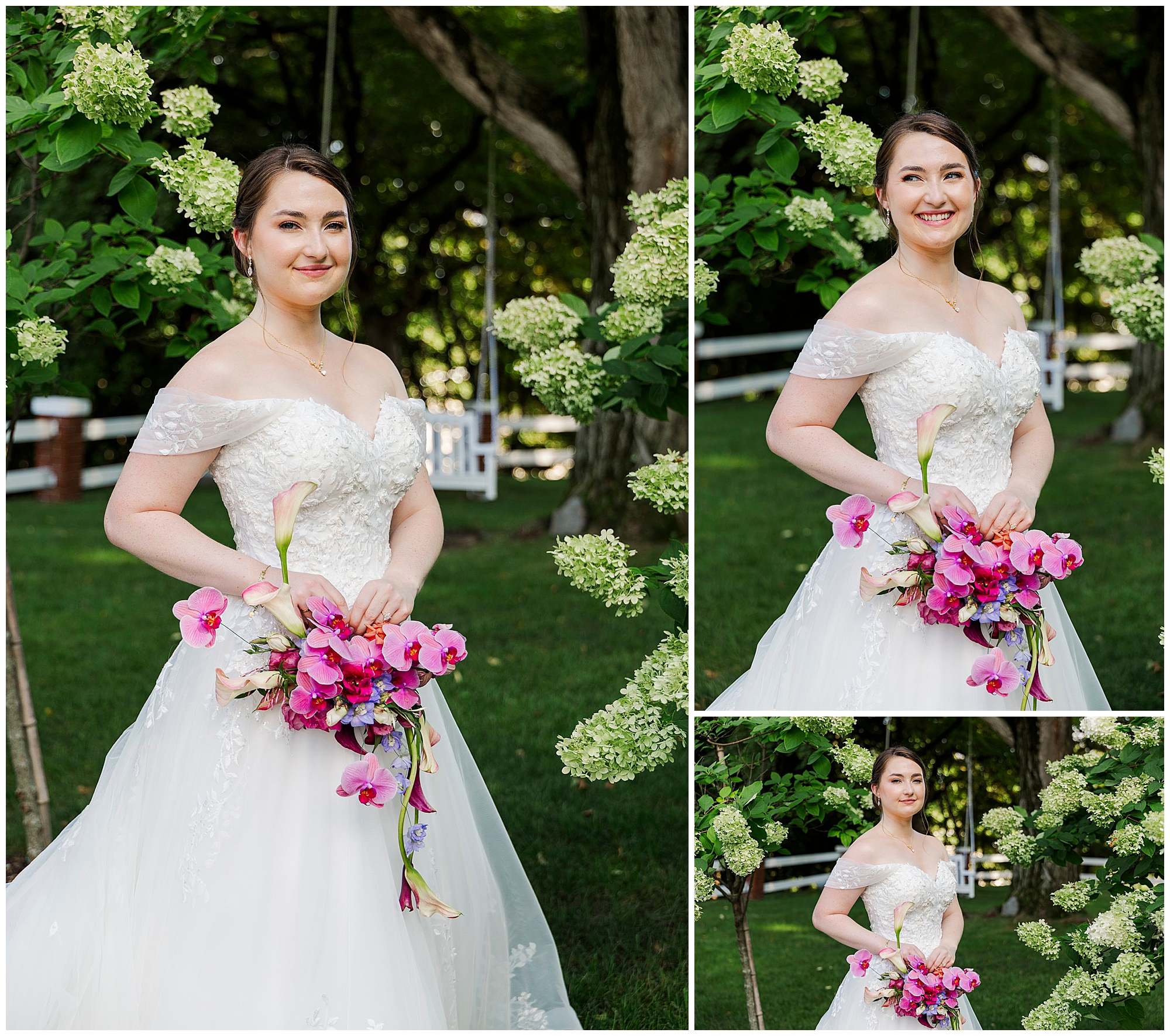 Three portraits of the smiling bride in a white lace dress holding a pink bouquet among green bushes and white flowers.