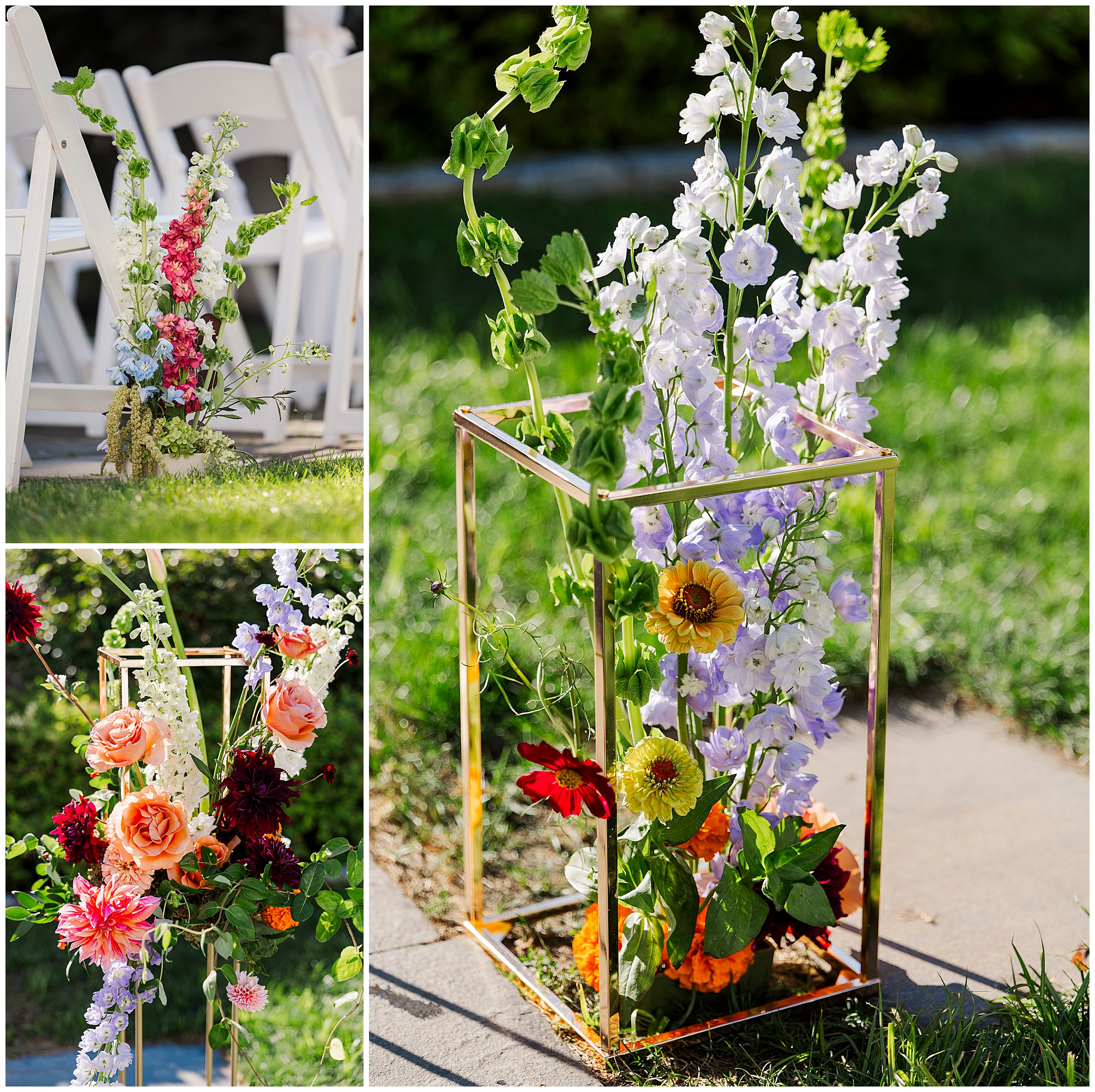 Pink, orange and burgundy flower arrangements on chairs and a tall gold-framed vase of purple, white, yellow and red blooms.