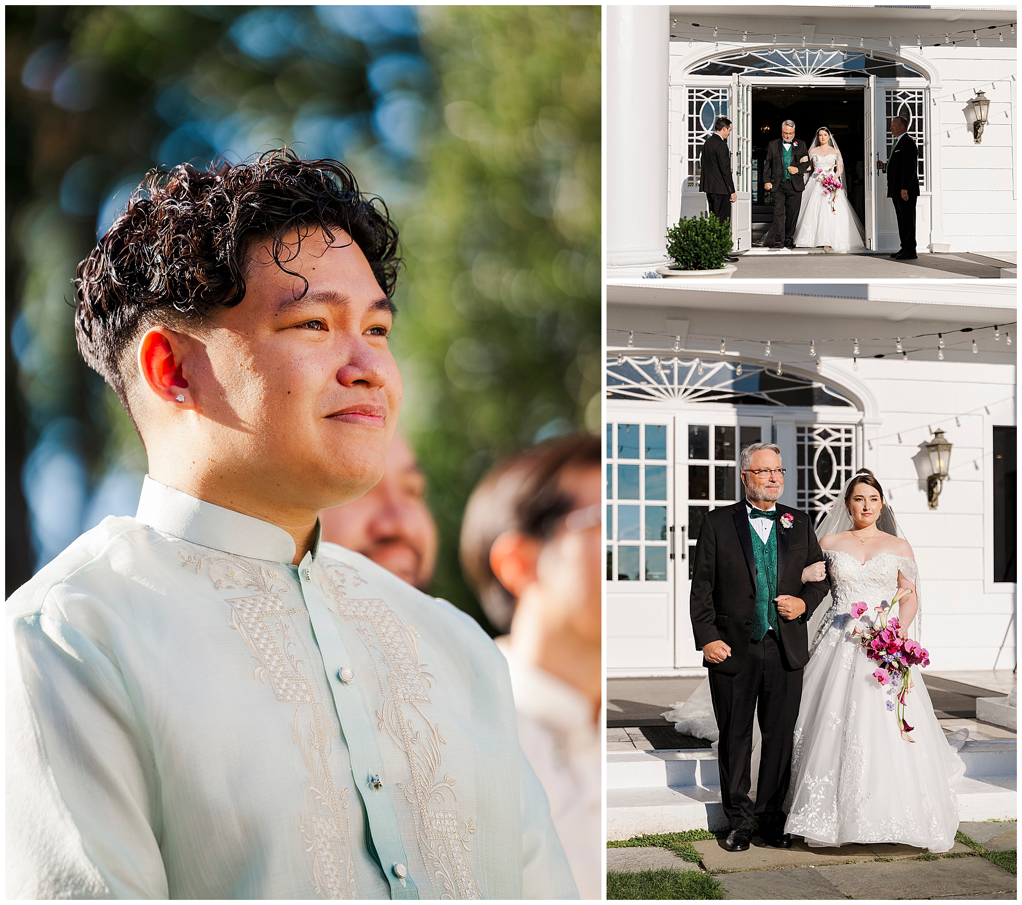 Groom in a Barong Tagalog smiles as the bride walks down the aisle with an older man outside a white building.