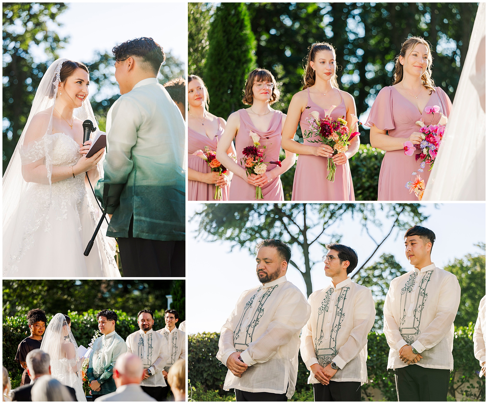 Bride and groom exchange vows under sunny skies with bridesmaids in pink dresses and groomsmen in embroidered barongs beside them.