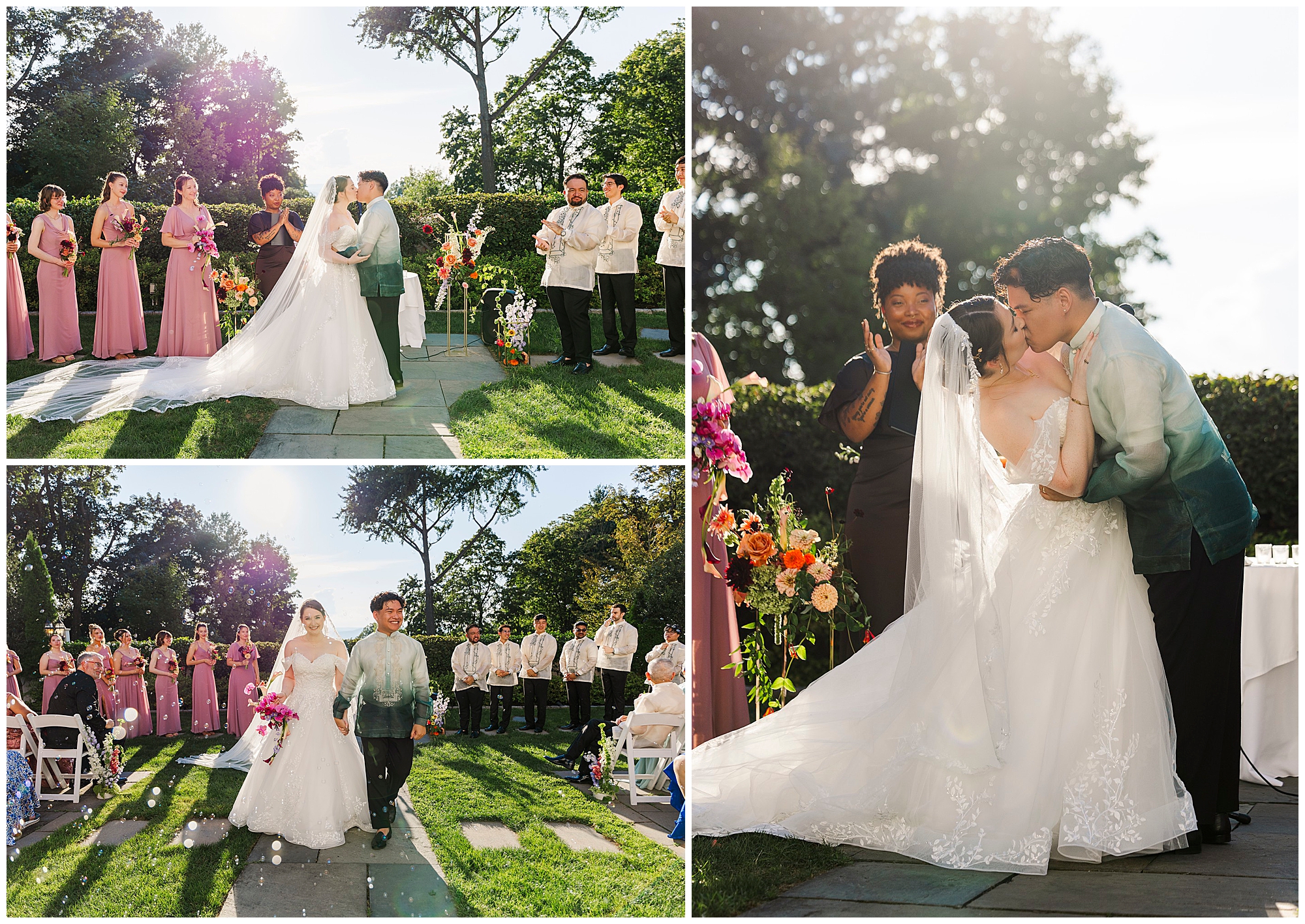 Newlyweds walk back up the aisle and stop for a kiss, with the wedding party in pink and white and sunlight filtering through the trees.