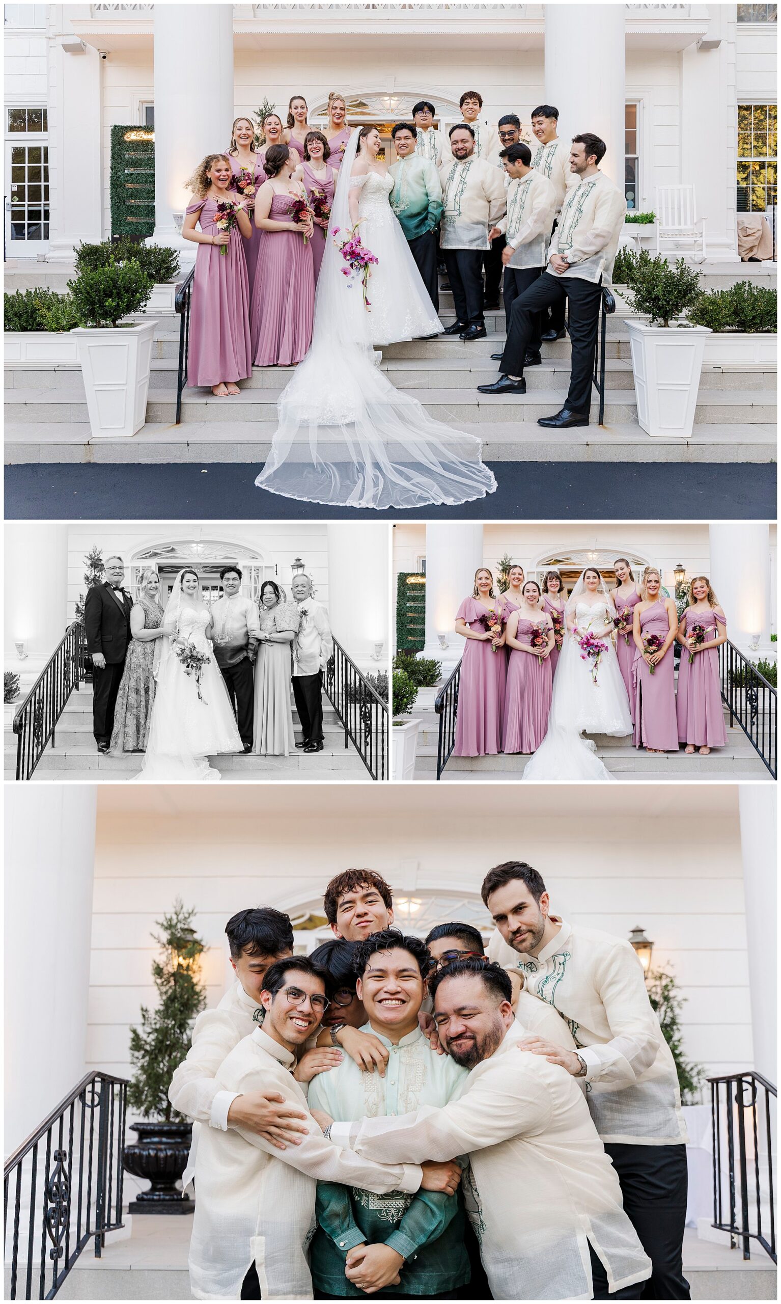 Wedding party on the steps of a white building, the bride in white, bridesmaids in mauve and groomsmen in Barong Tagalog, sharing group hugs.