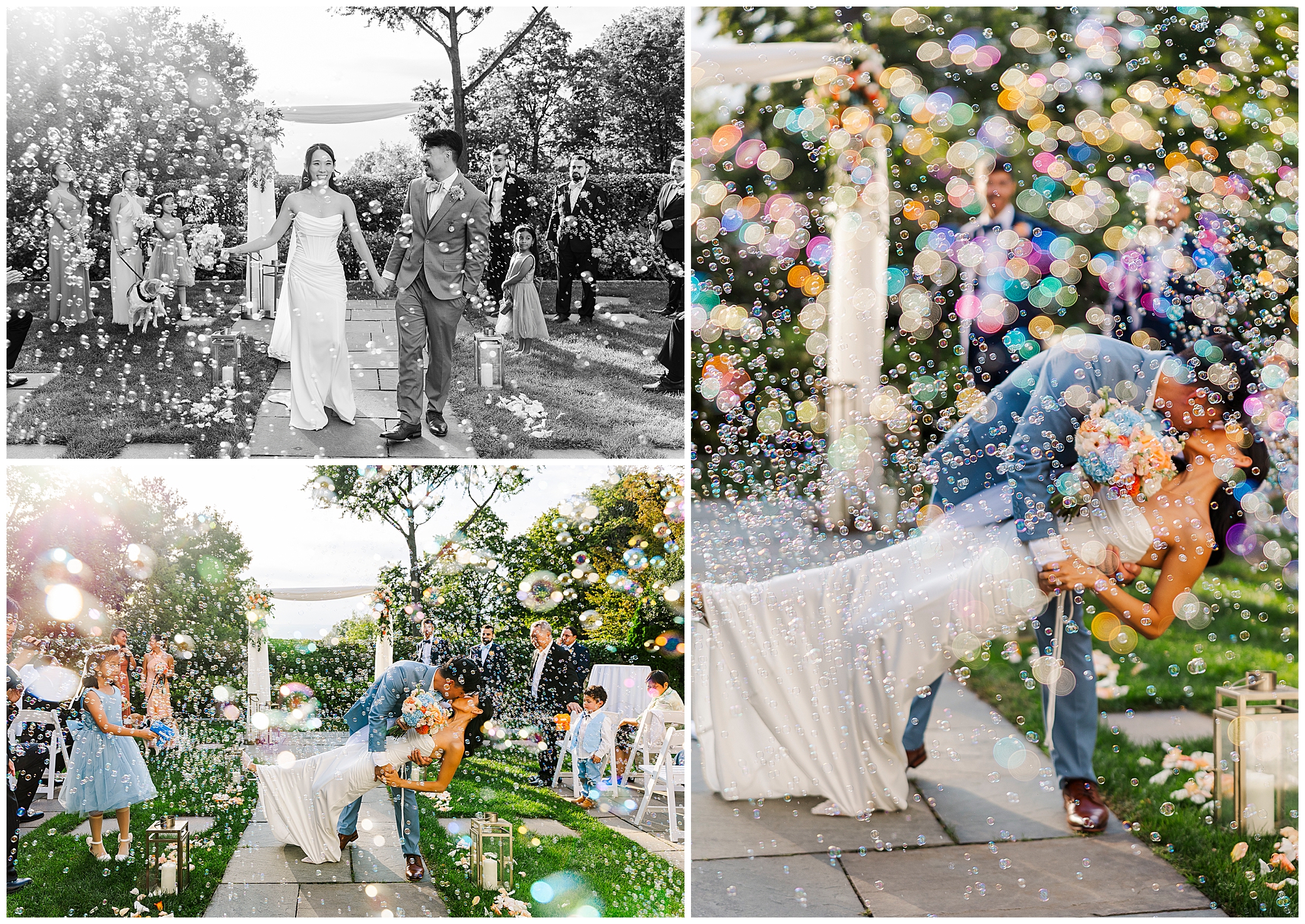 A bride and groom celebrate their outdoor wedding, surrounded by bubbles and guests. The couple walks hand in hand and shares a joyful kiss under a decorated arch.