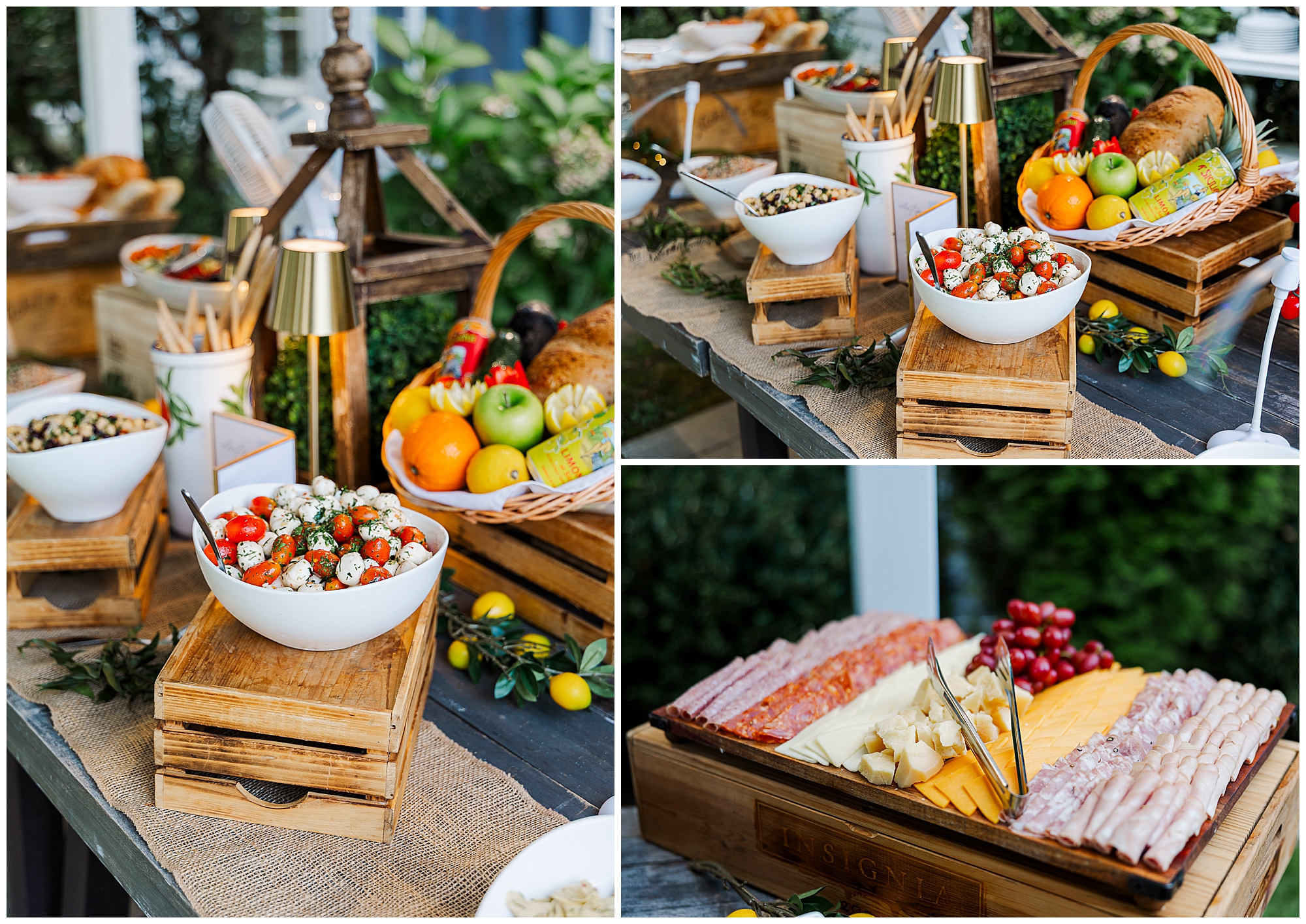 A buffet table with bowls of salad, fresh fruits, a cheese and meat platter, bread, and various appetizers arranged on wooden trays and stands.
