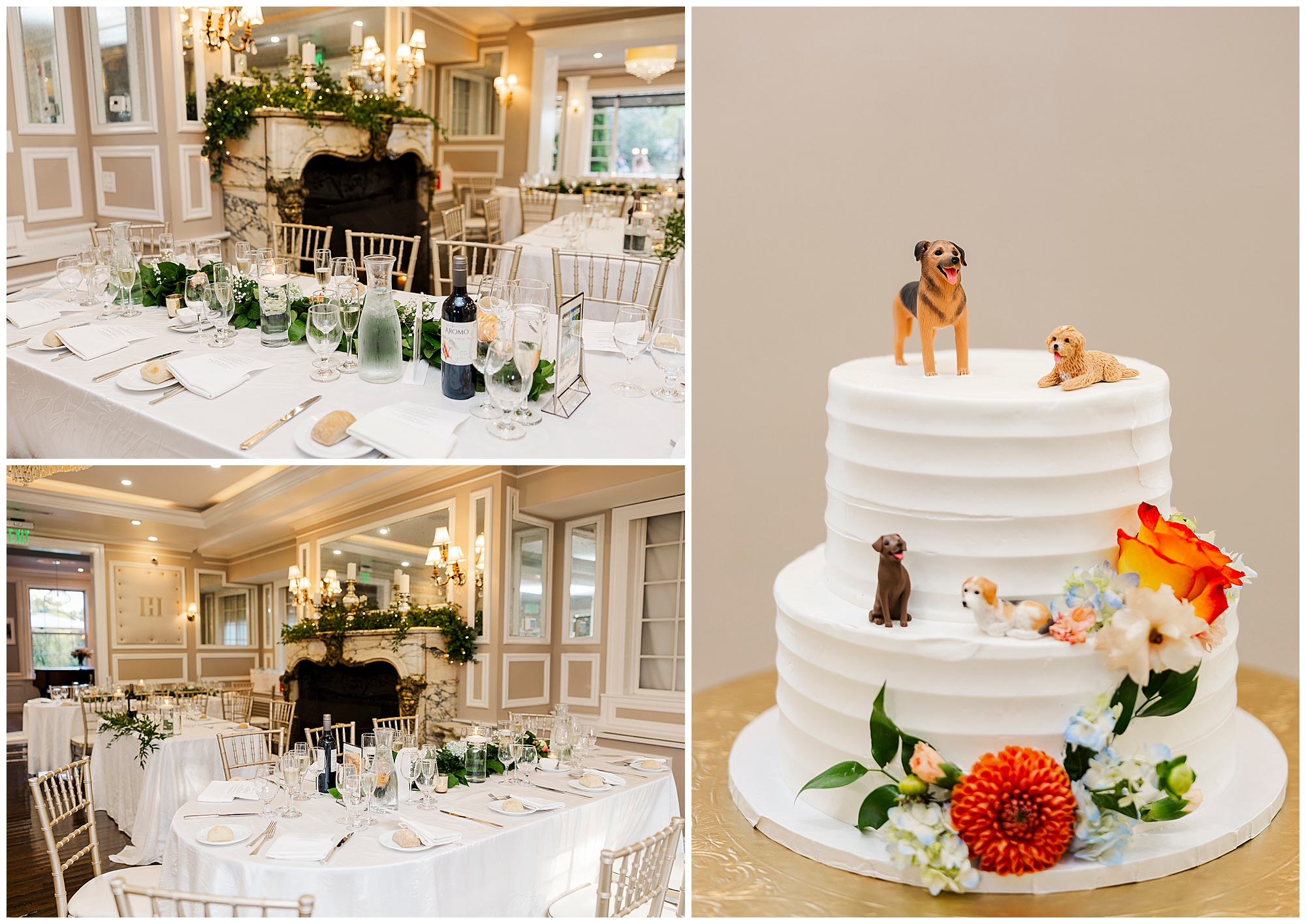 Collage of elegant wedding tables set with glassware and greenery, and a white tiered cake topped with dog figurines and colorful flowers on a gold stand.
