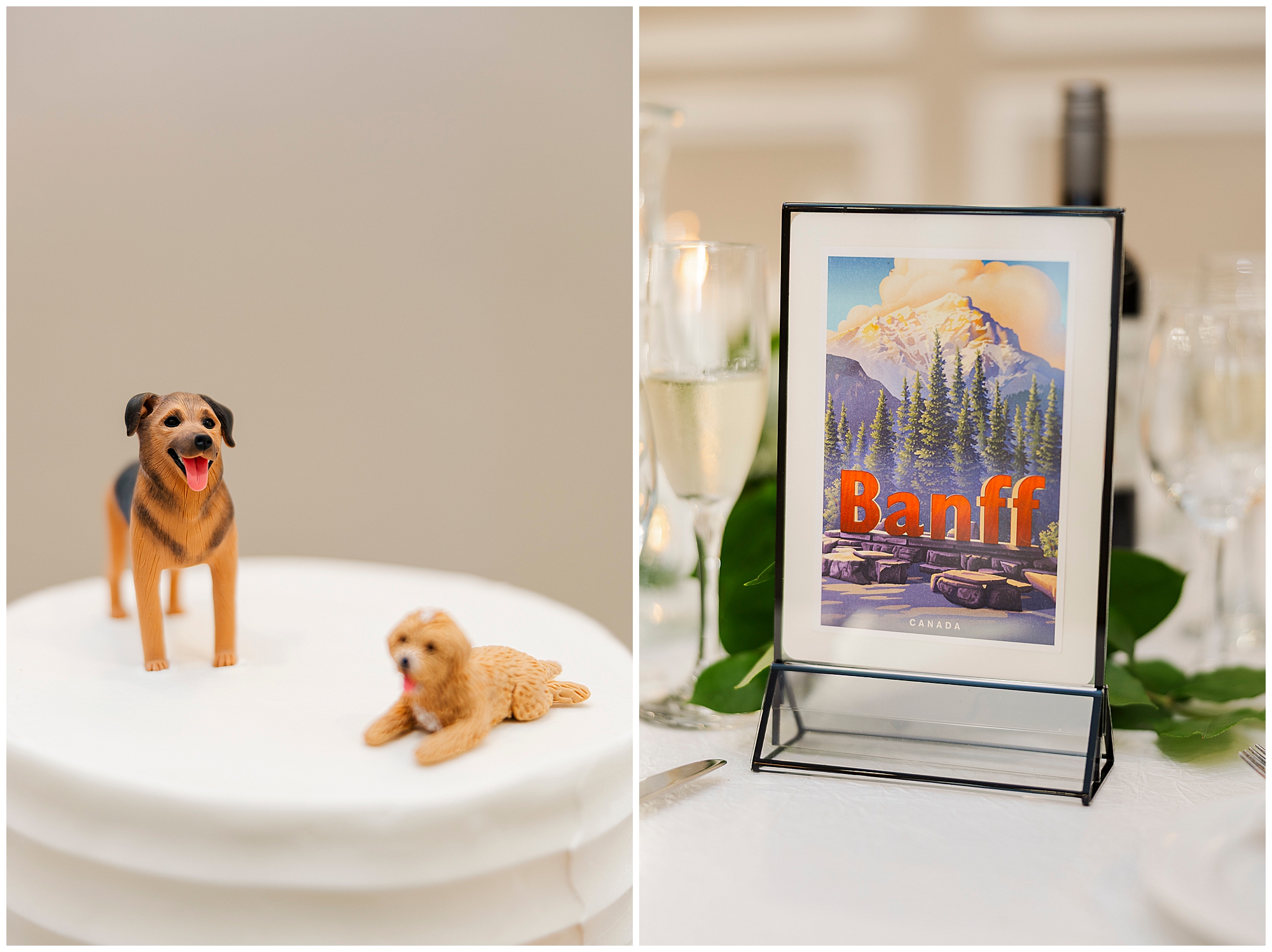A cake topped with two dog figurines is shown beside a table card with a Banff, Canada illustration, surrounded by champagne glasses and greenery.