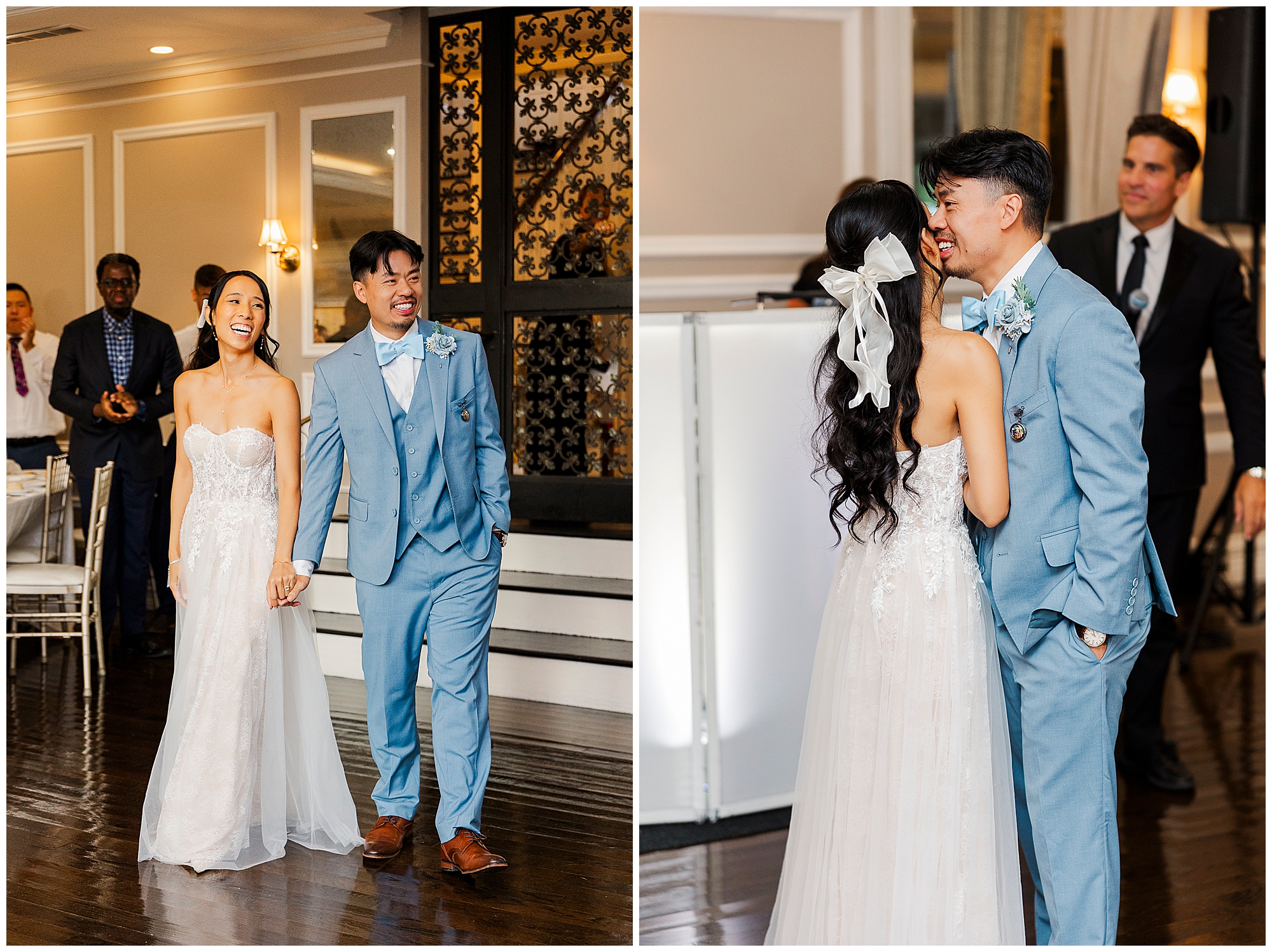 Bride and groom in light blue wedding attire smile and hold hands while walking; in another moment, they stand close together and share a joyful conversation during their wedding reception.