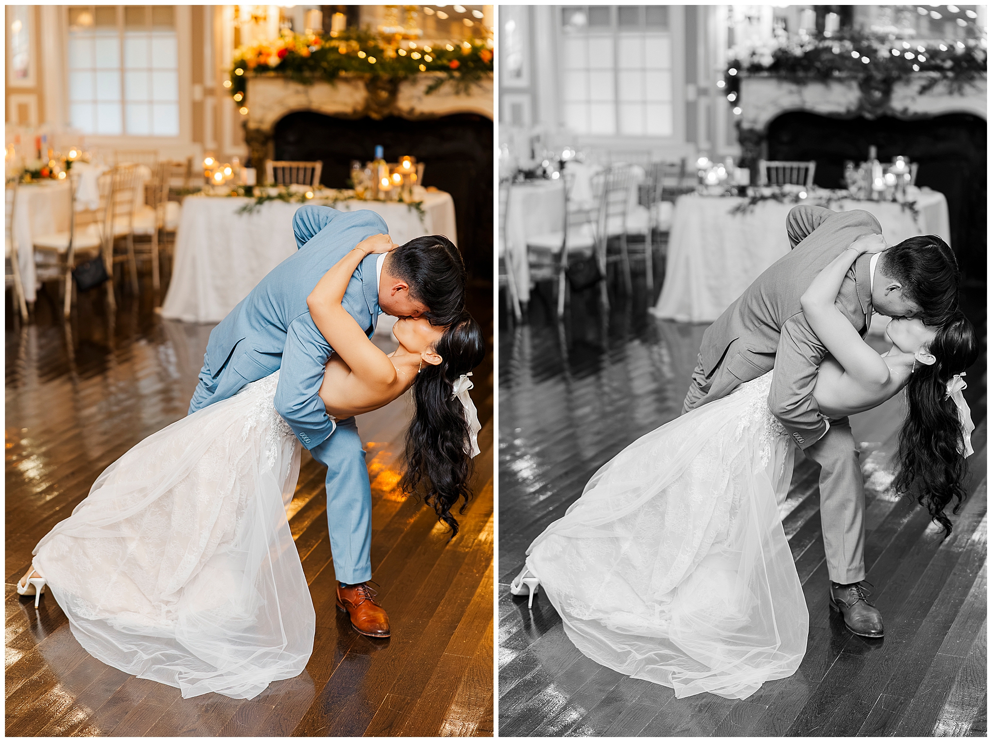 A groom in a blue suit dips and kisses the bride in a white dress on a polished wooden floor at a wedding reception; the image is shown in both color and black-and-white.
