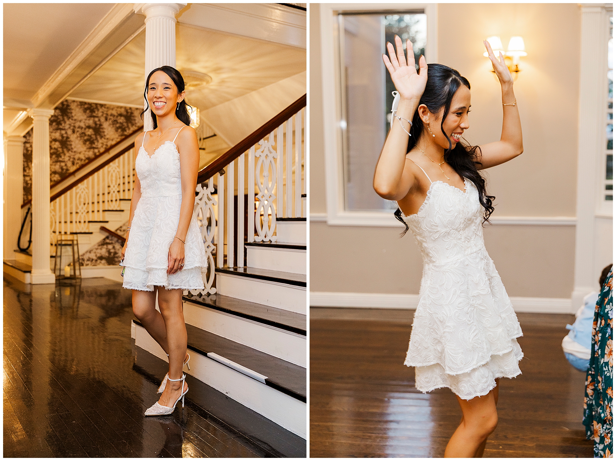 A woman in a short white lace dress stands by a staircase smiling in one photo and raises her arms joyfully in another, both indoors at what appears to be a formal event.