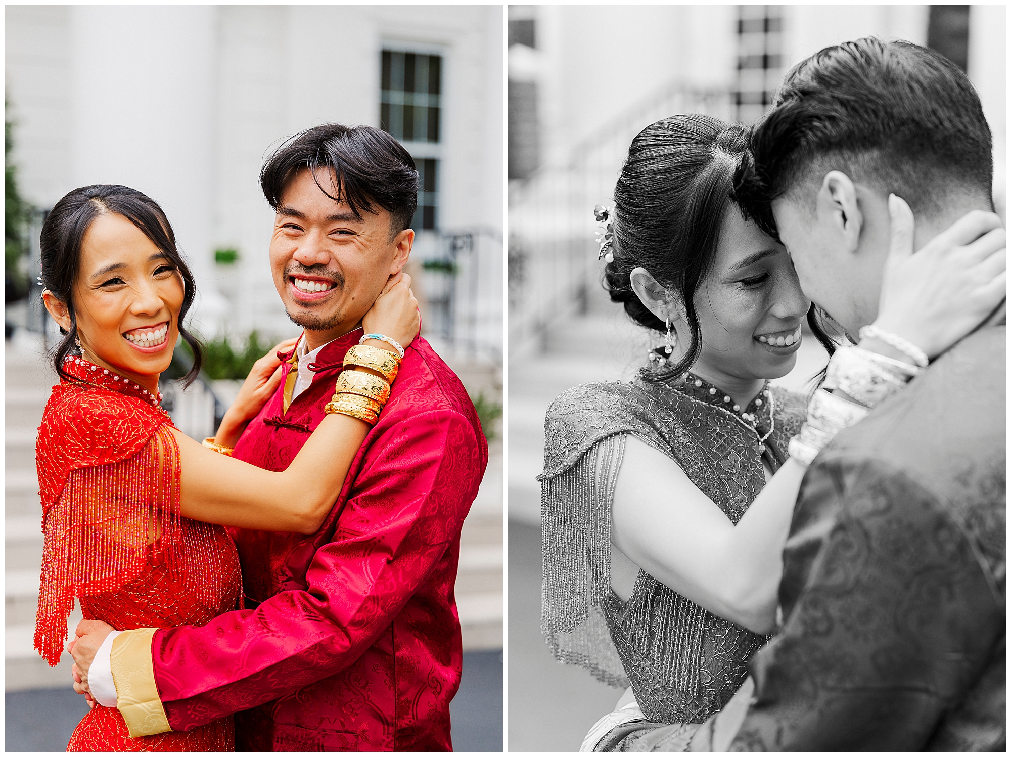 Two photos of a couple in traditional attire embracing and smiling; the left is color, the right is black and white, both showing their joyful expressions and affectionate pose during a celebration.