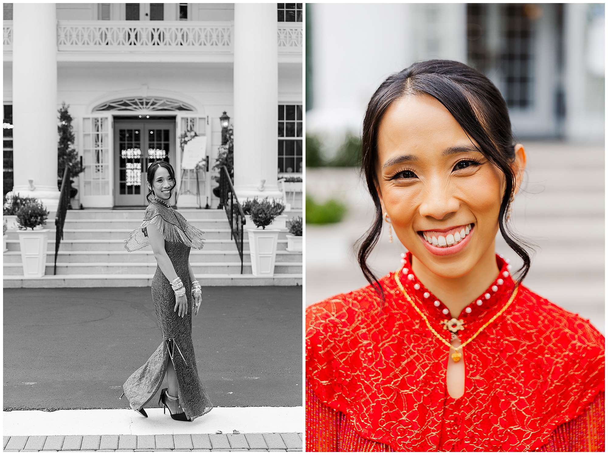 A woman in a red dress poses on steps outside a white building, then smiles in a close-up shot. Both images highlight her elegant look and joyful expression.