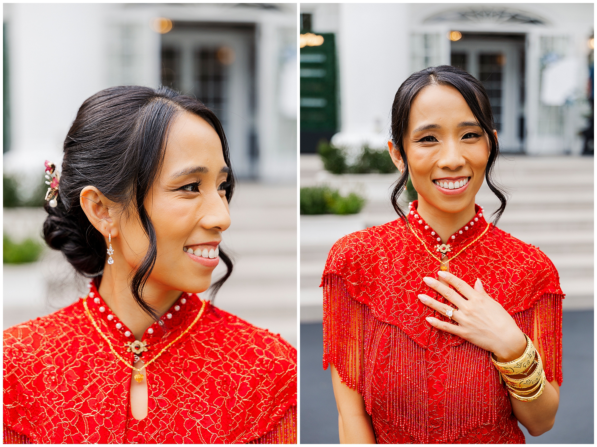 A woman in a red traditional dress with gold jewelry smiles in two side-by-side outdoor portraits. Her hair is styled in an elegant bun with floral accents.