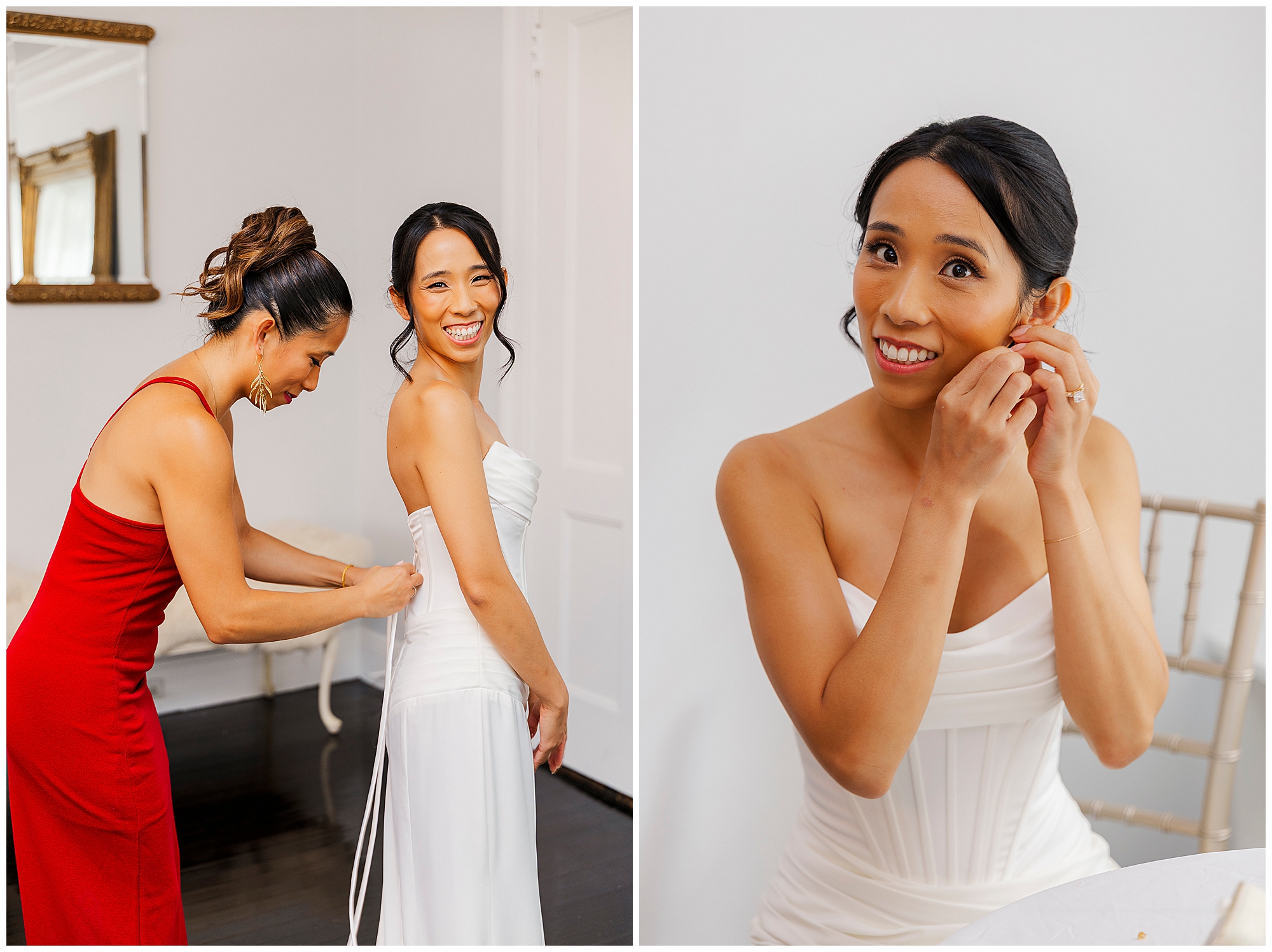 Two photos: On the left, a woman in a red dress helps a smiling bride with her white gown. On the right, the bride smiles while putting on an earring, seated near a white chair.