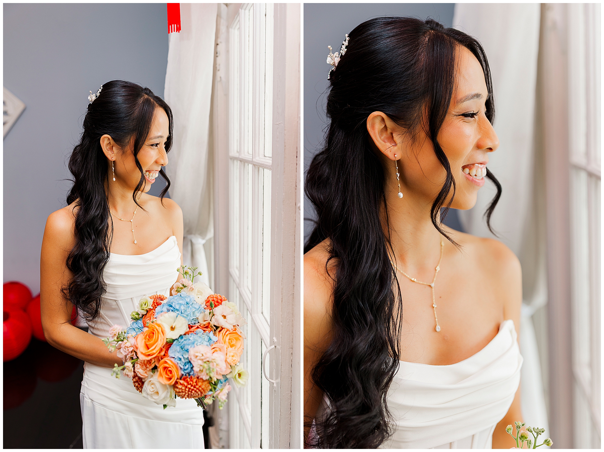 A smiling bride with long dark hair in a white dress holds a colorful bouquet and looks out a window, shown in two side-by-side photos.
