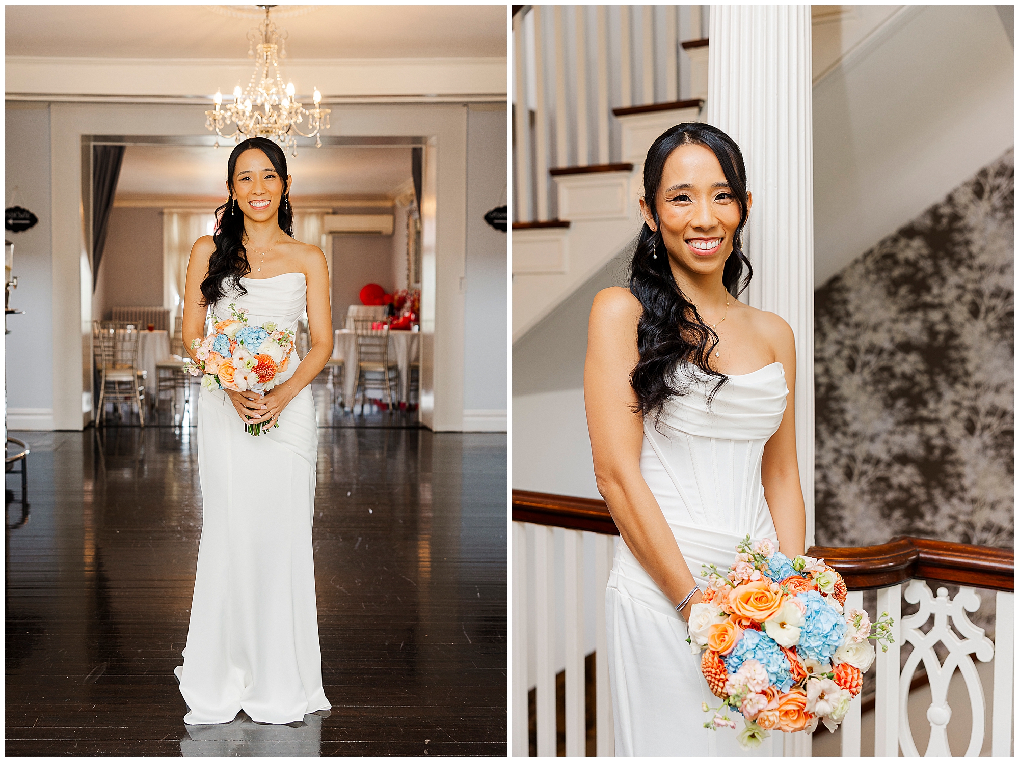 A woman in a strapless white gown holds a colorful bouquet, smiling indoors under a chandelier and near a staircase with white railings.