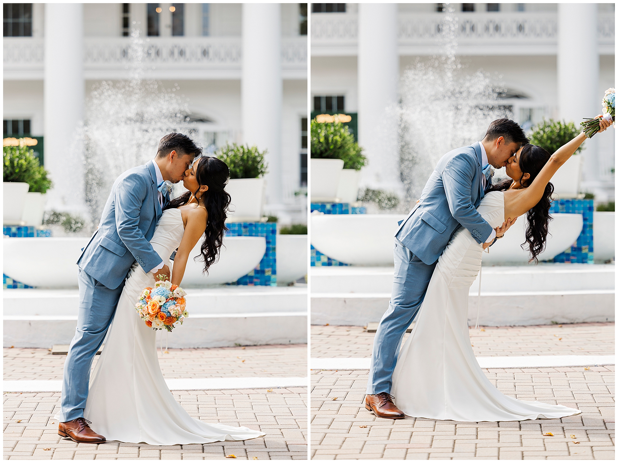 A bride and groom in wedding attire share a romantic dip and kiss outdoors, with a bouquet and fountain in the background. The bride lifts her bouquet in celebration.