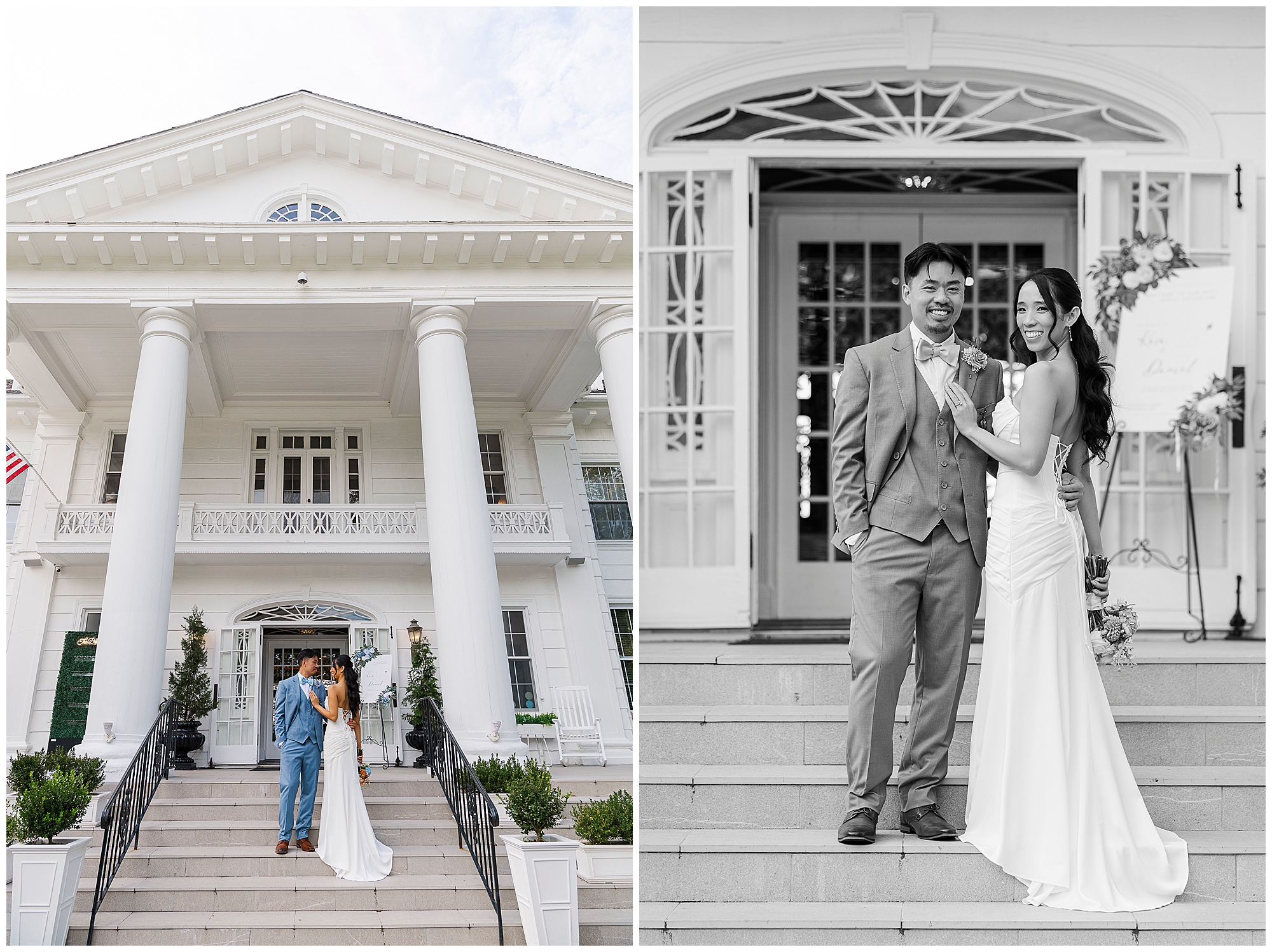 A bride and groom stand on the steps of a grand white mansion, posing happily together; one photo shows them close up, the other shows the full mansion exterior.