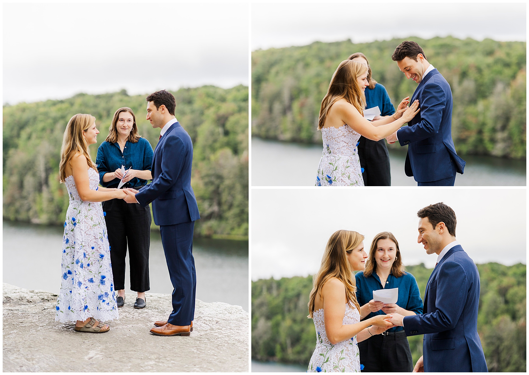 Bride and groom smile as they exchange vows and rings by the lake while their officiant stands with them among the trees.