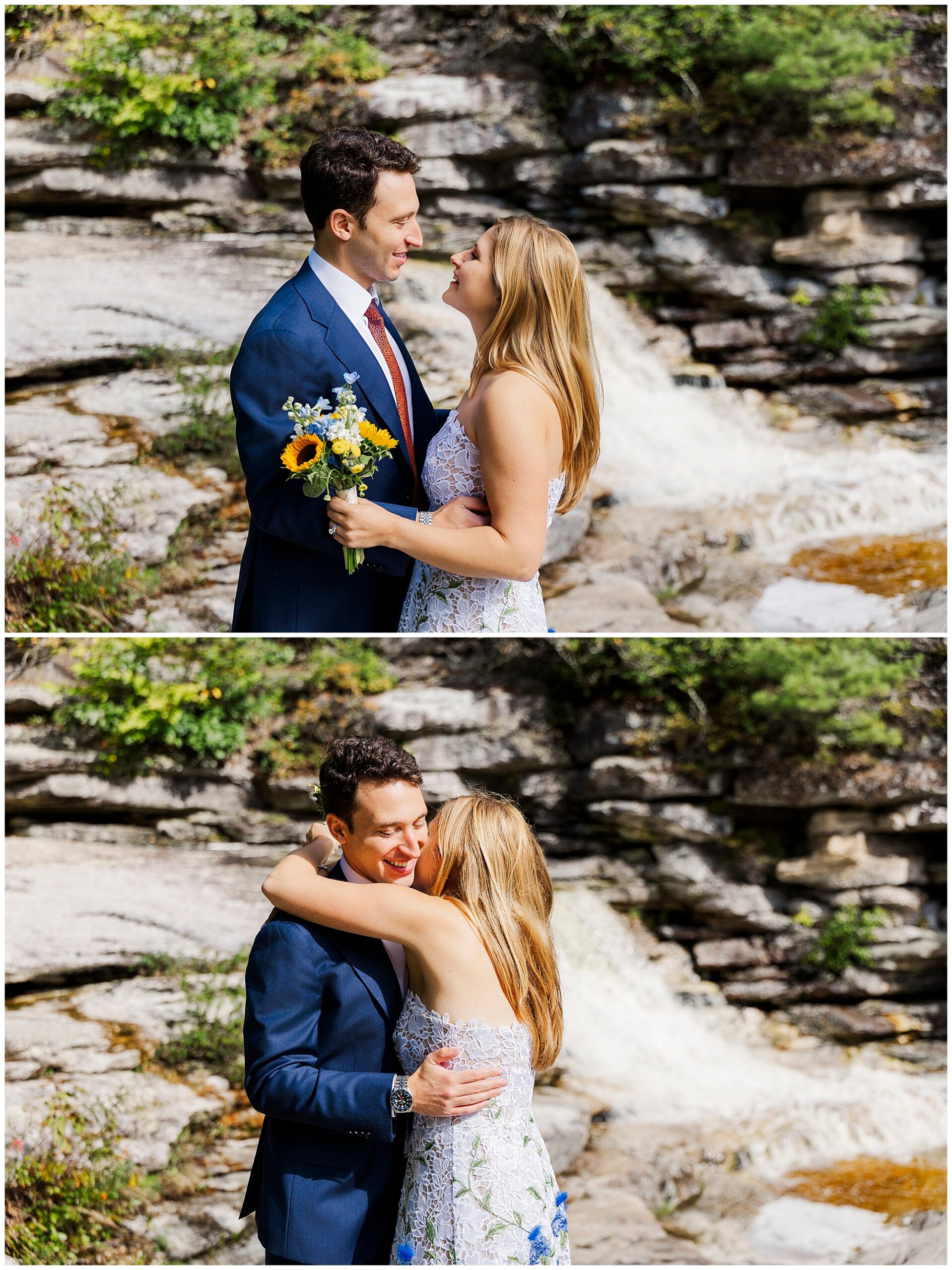 Bride holds her flowers as the couple smiles at each other by a waterfall, then they wrap each other in a hug.