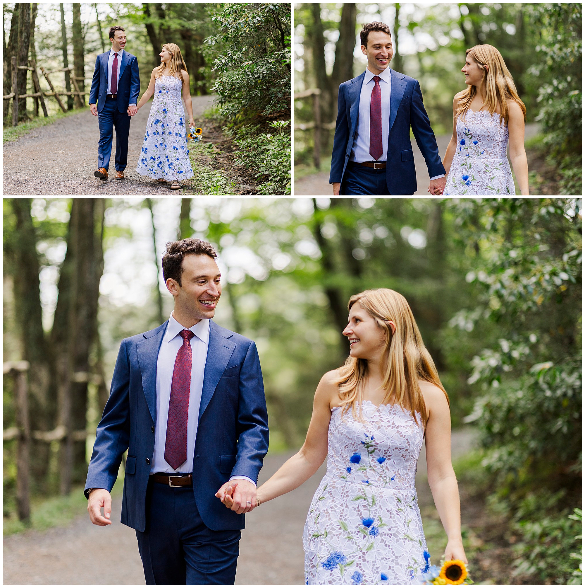 Groom in a navy suit and bride in a floral dress walk hand in hand along a wooded path, smiling at each other, in three angles.