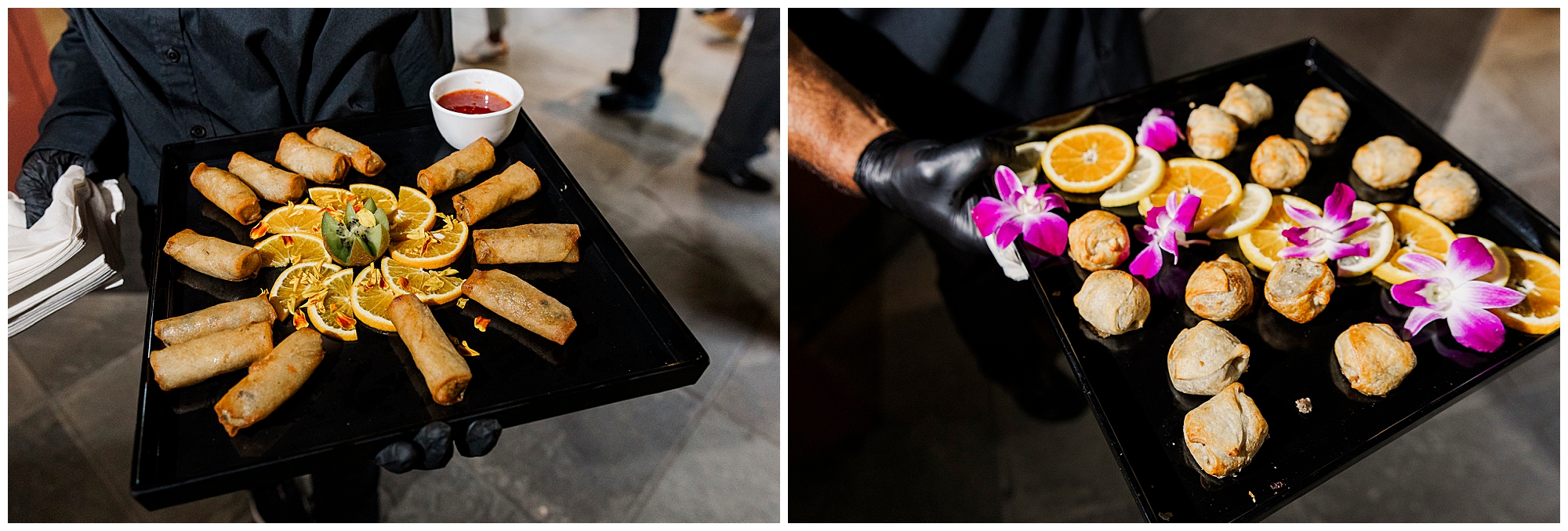 Two trays of appetizers are beautifully arranged and held by gloved hands at a catered Hudson Valley wedding reception.