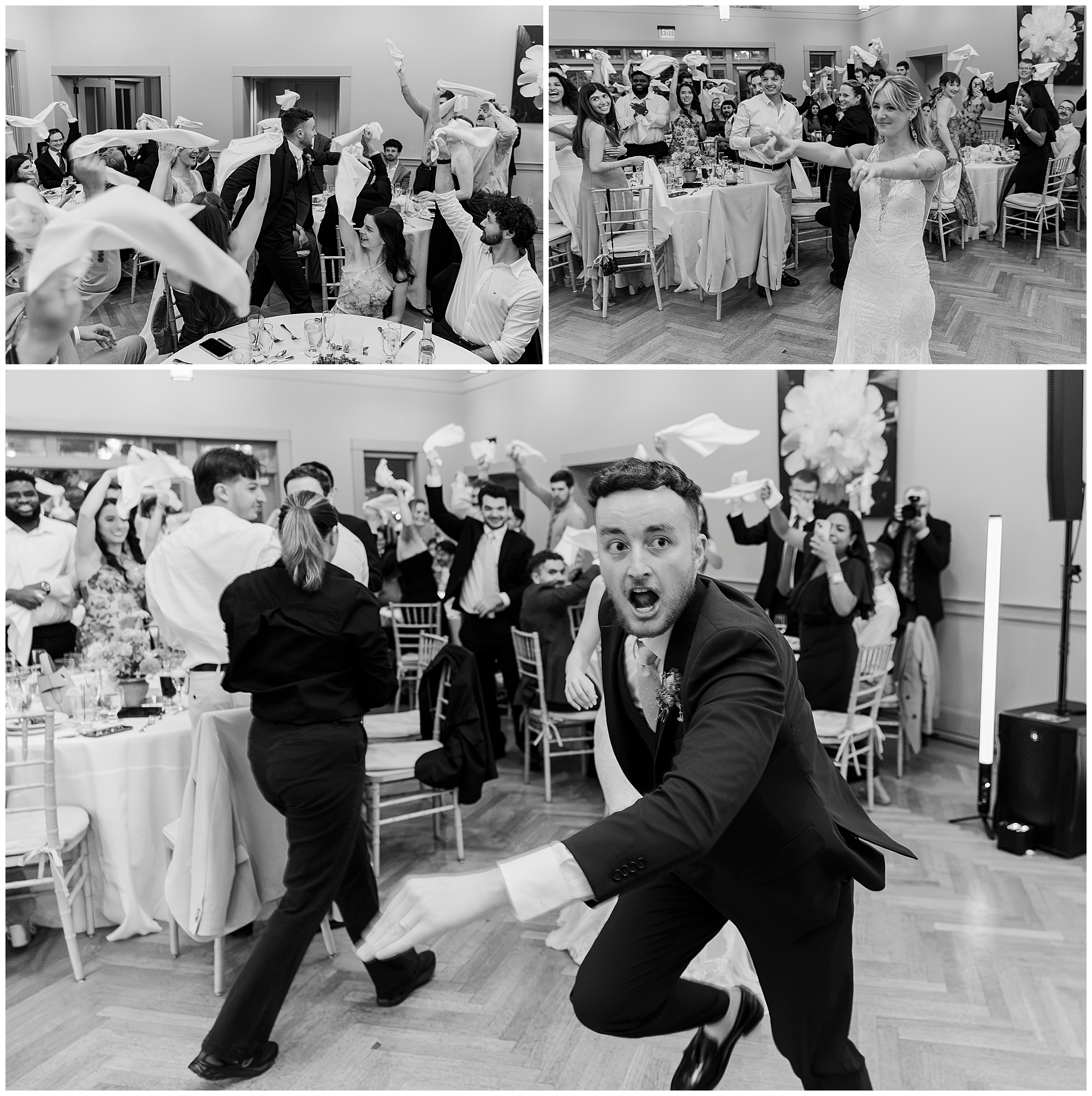 Black and white photos of a wedding reception: guests wave napkins, a bride dances joyfully, and a groom enthusiastically dances toward the camera while guests cheer and celebrate around the tables.