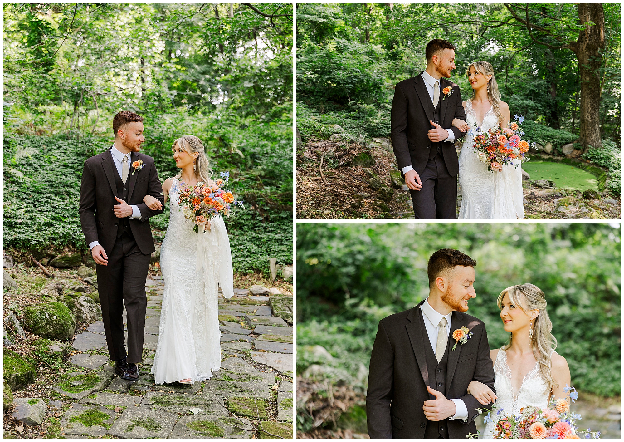 Bride and groom walk arm in arm along a stone path in the gardens at Locust Grove, smiling at each other.