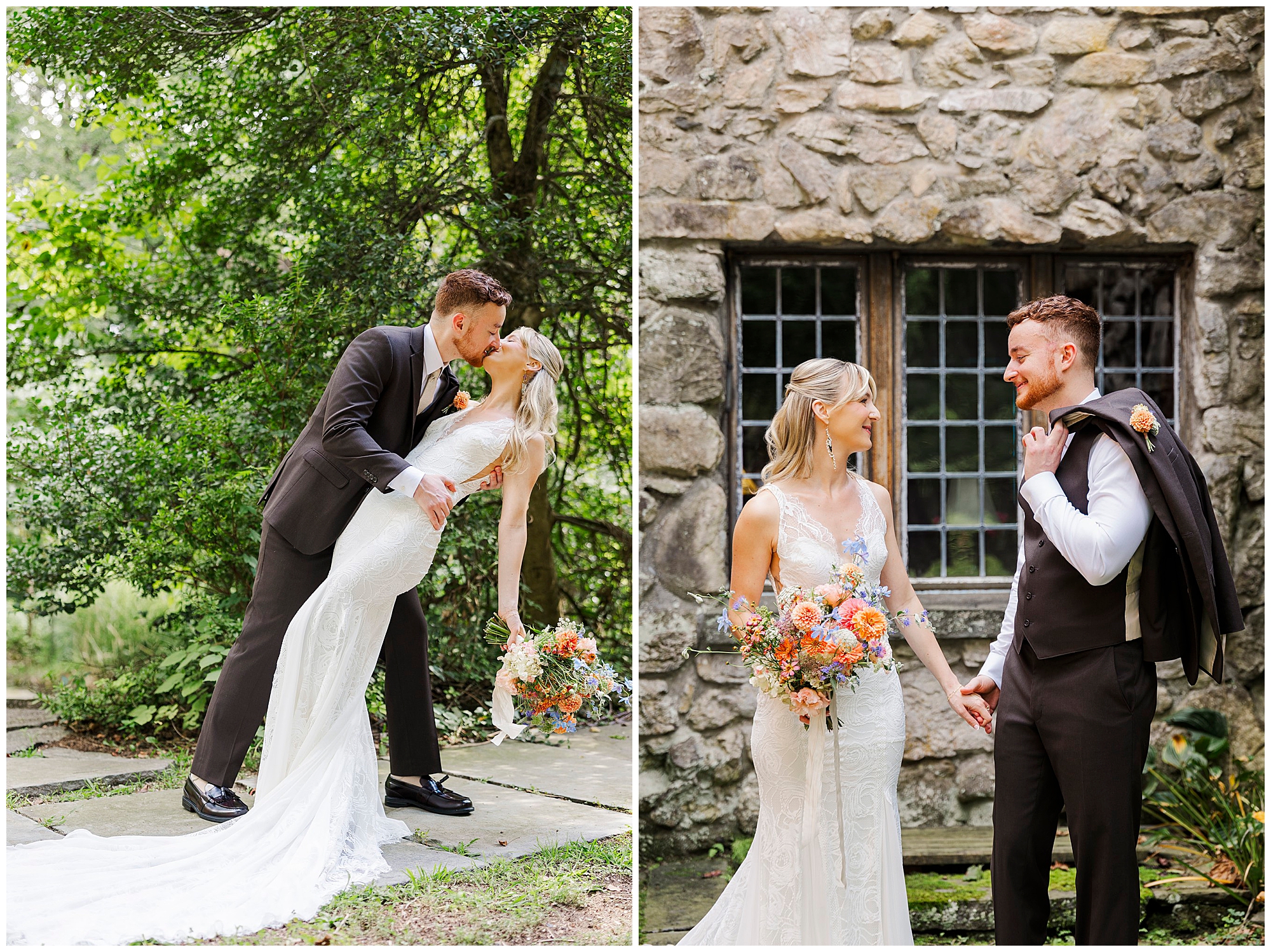 Groom dips and kisses the bride, then they hold hands and smile in front of a stone building.