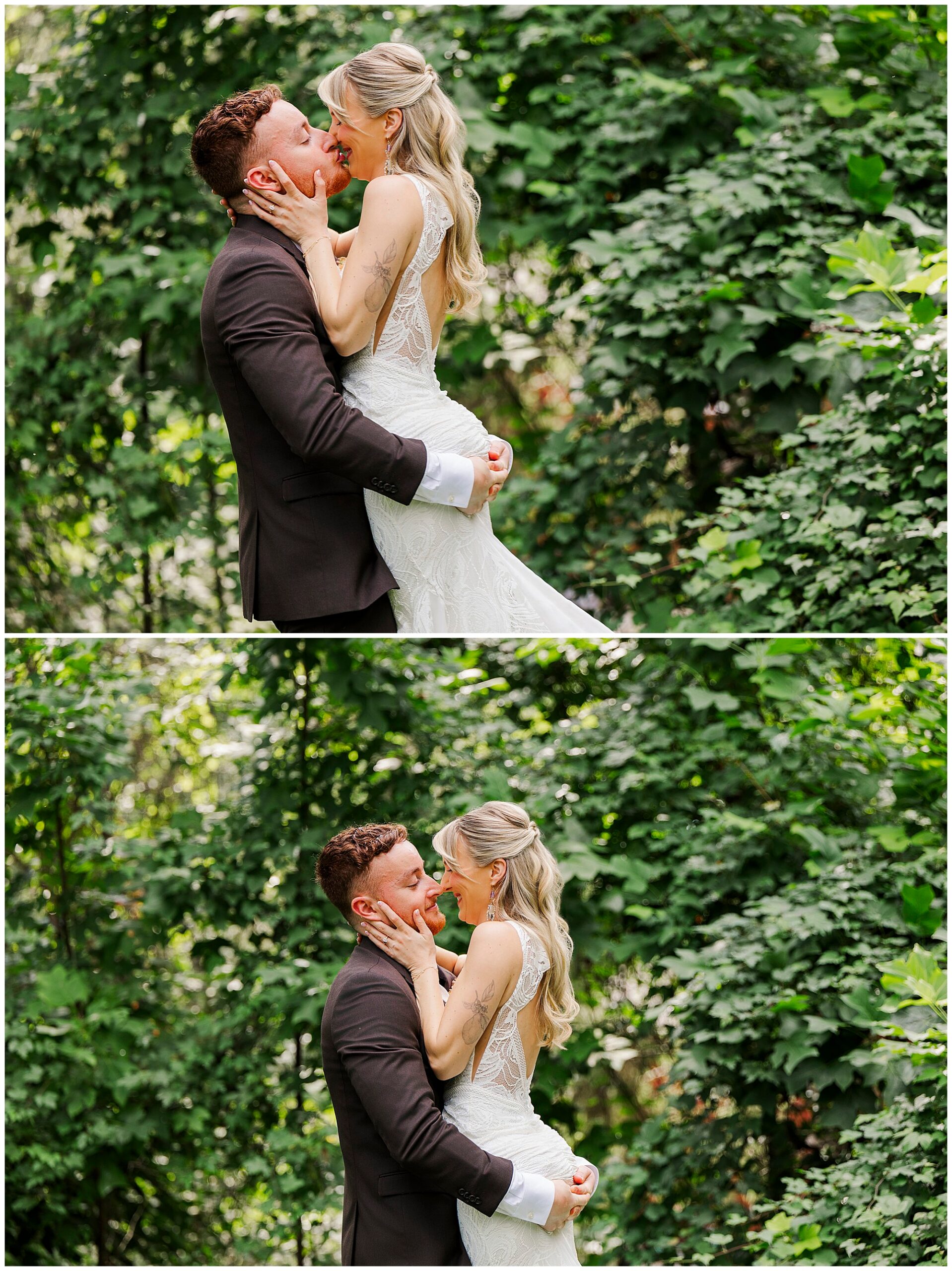 Bride and groom embrace and smile at each other, surrounded by lush green foliage.