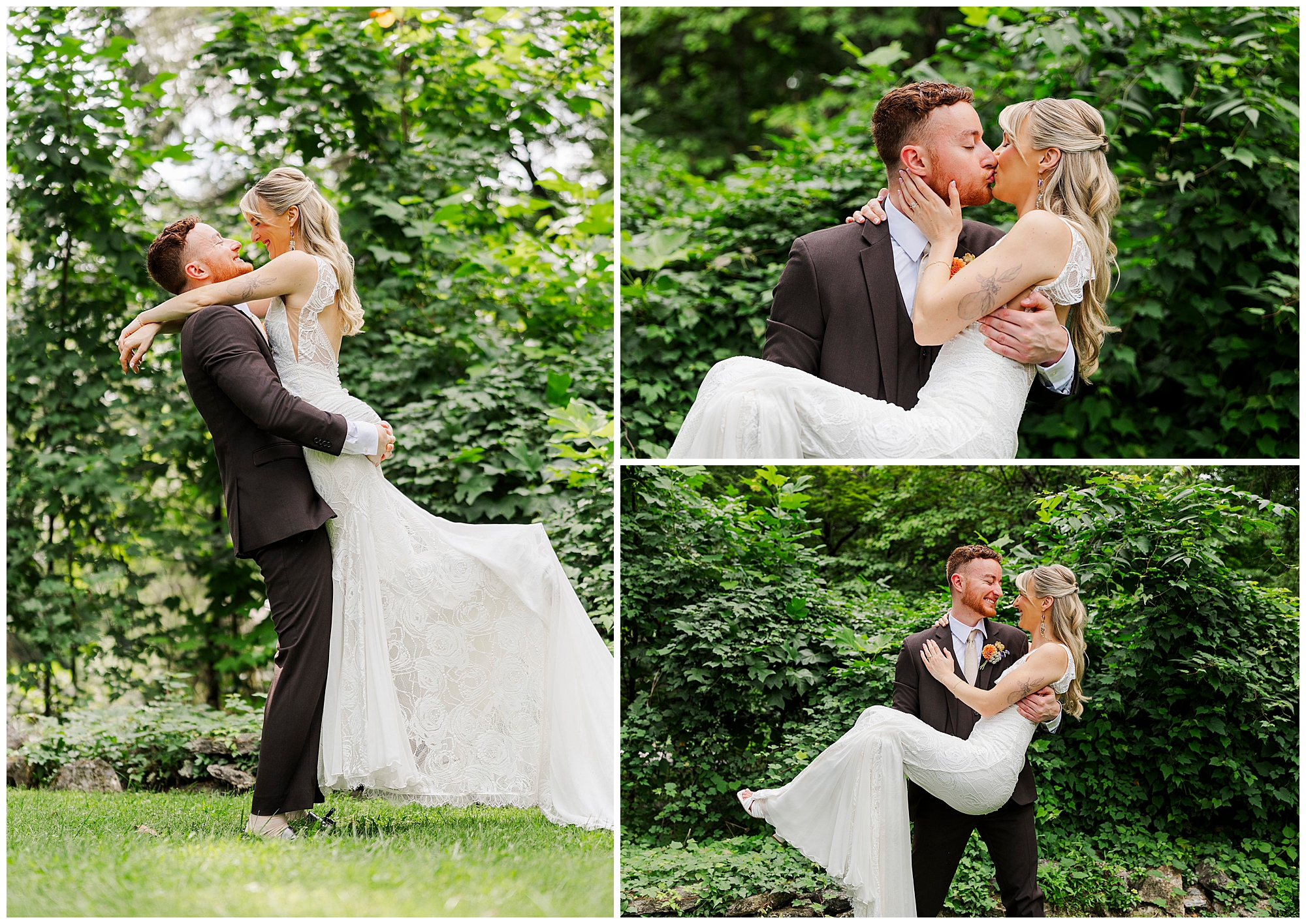 Groom lifts and embraces his bride in three joyful portraits surrounded by greenery.