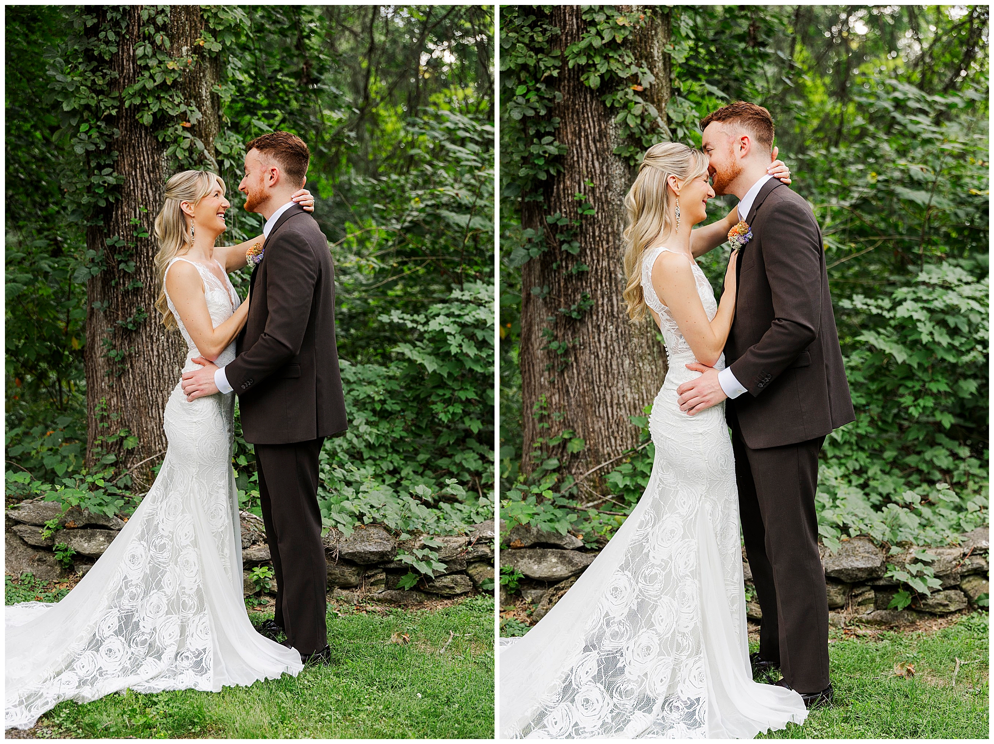 Bride and groom embrace in front of greenery and a stone wall, and the groom kisses her forehead.