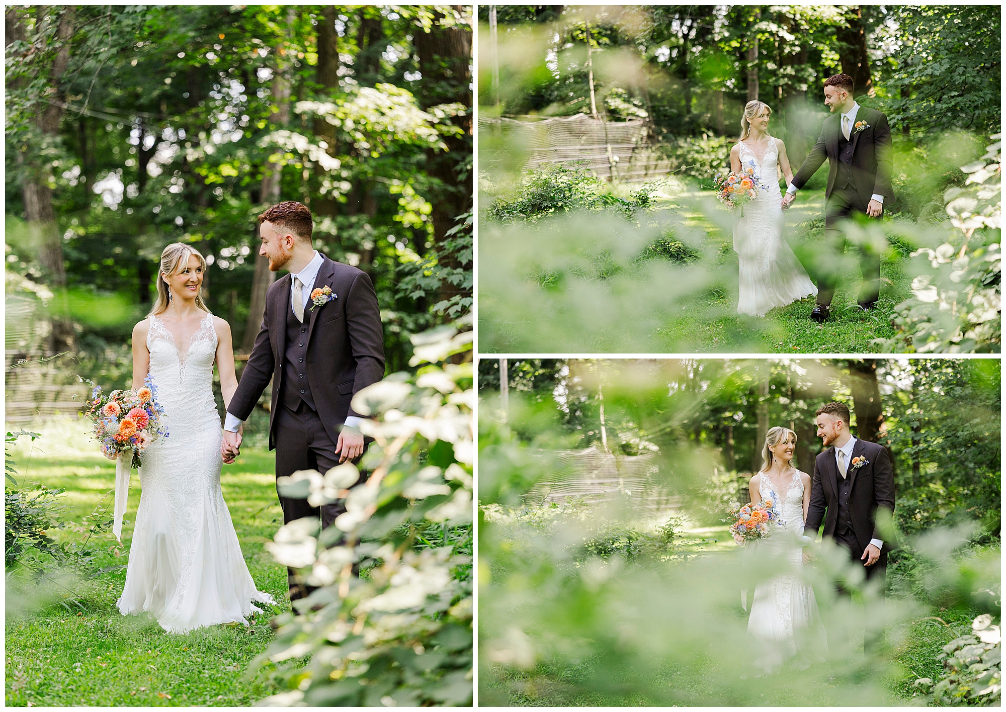 Bride and groom walk hand in hand through the lush garden, smiling at each other in soft sunlight.